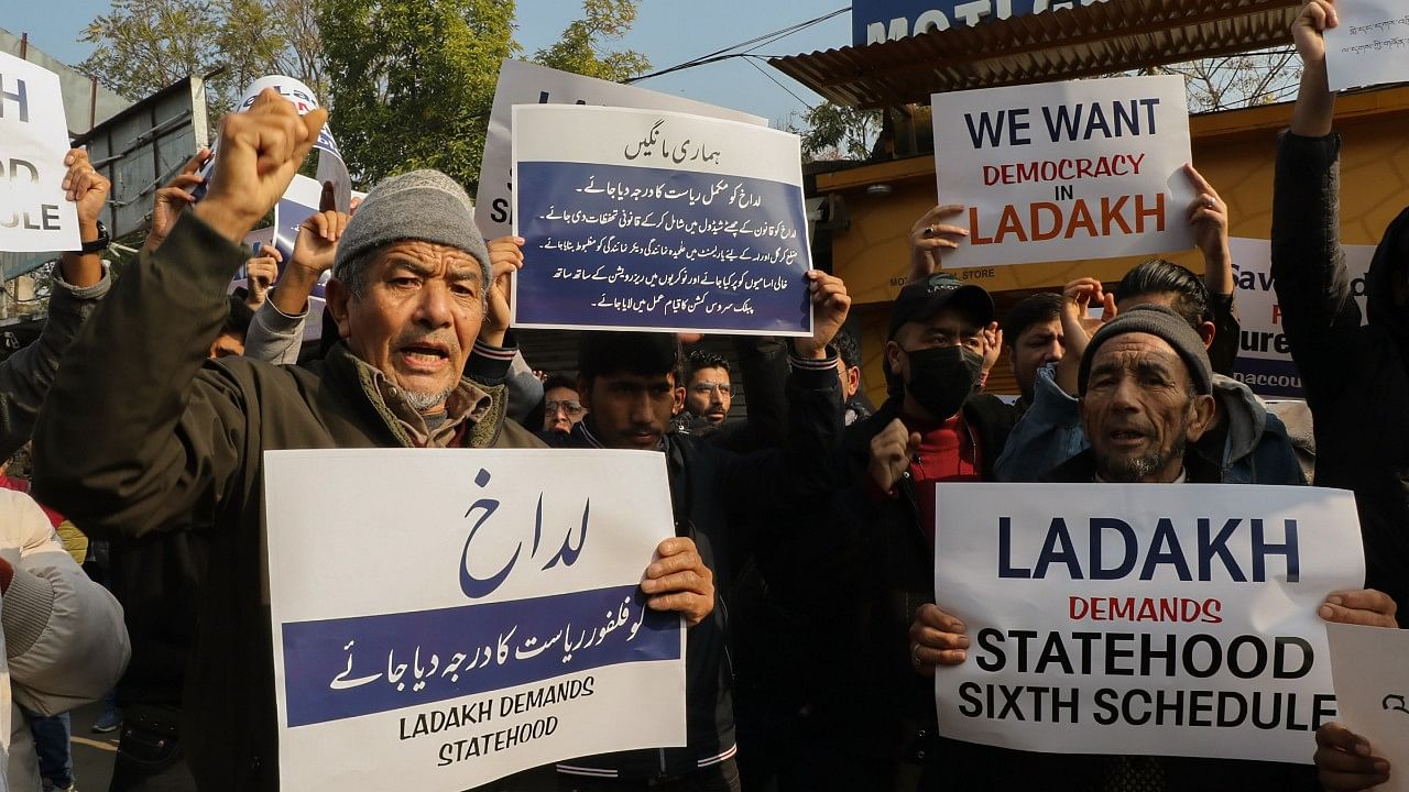 <div class="paragraphs"><p>The protest demonstration was jointly organised outside the Press Club Jammu by the powerful Leh-based Apex body of peoples movement for the 6th schedule and the Kargil Democratic Alliance (KDA).</p></div>