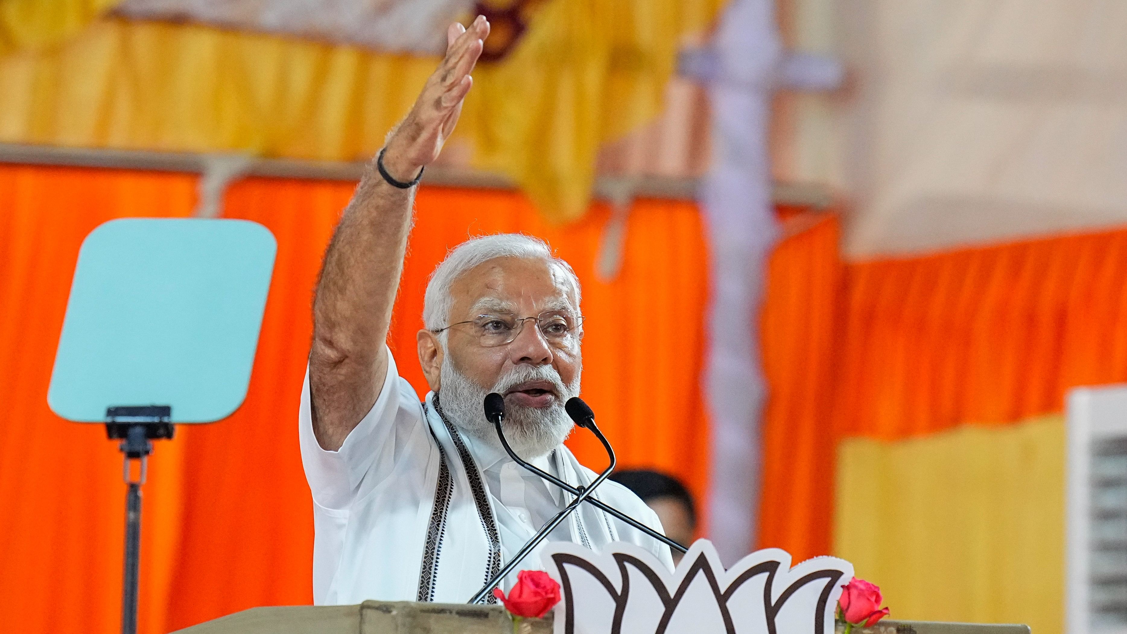 <div class="paragraphs"><p>Prime Minister Narendra Modi addresses during a public meeting ahead of the Lok Sabha elections, at Nandanam YMCA Ground in Chennai, on Monday.</p></div>