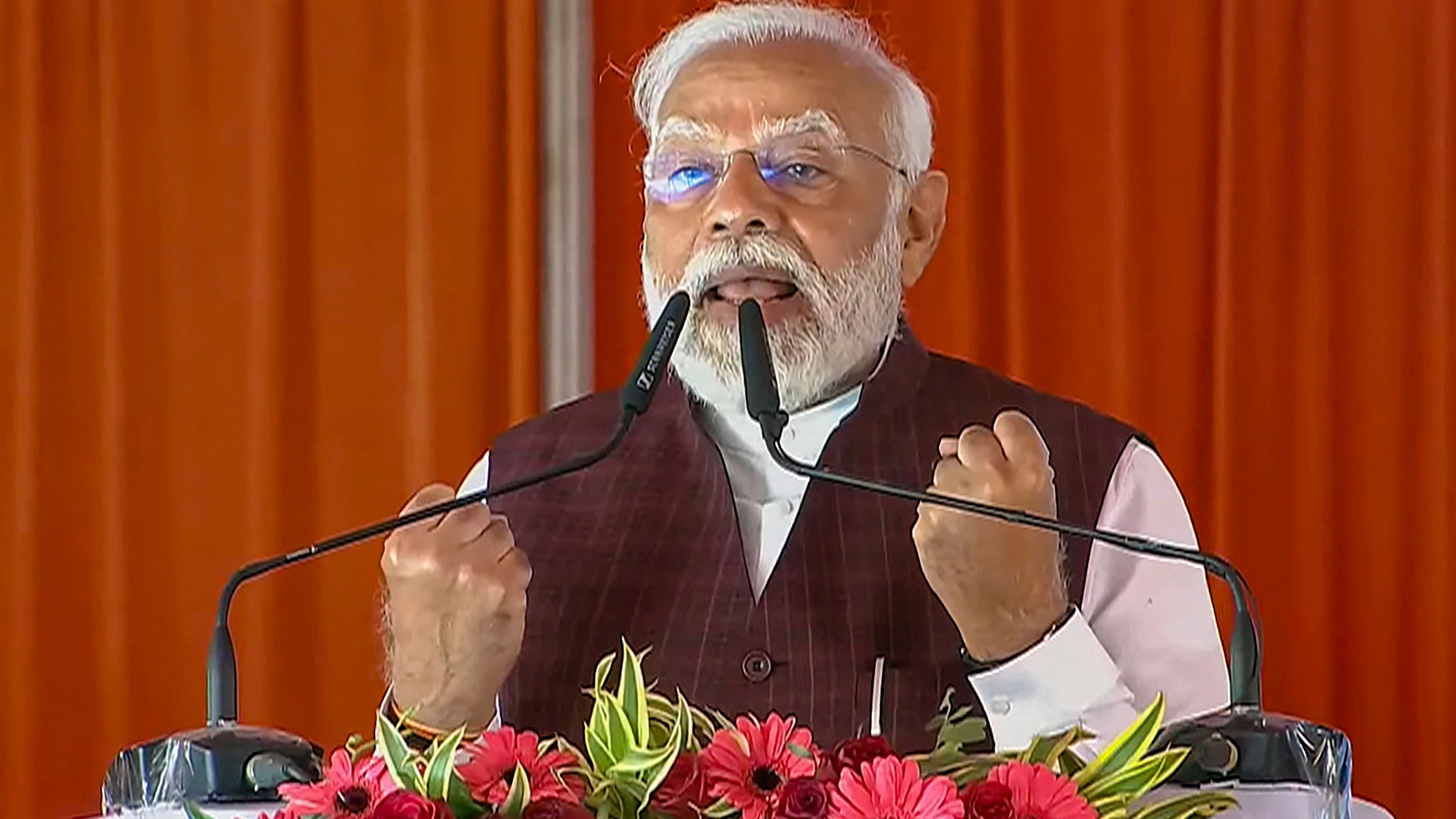 <div class="paragraphs"><p>Prime Minister Narendra Modi speaks during the foundation stone laying and inauguration ceremony of various developmental projects, in Azamgarh, Sunday, March 10, 2024. </p></div>