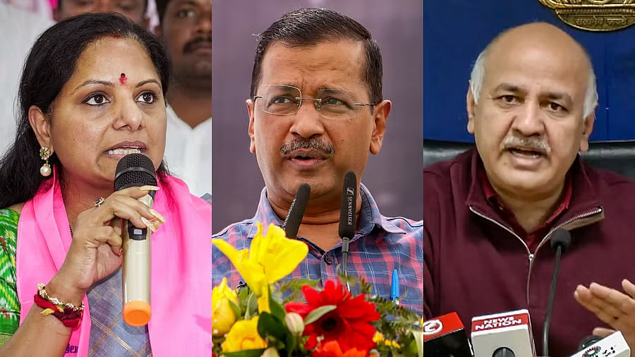 <div class="paragraphs"><p>BRS leader K Kavitha (L) and AAP leaders Arvind Kejriwal (C) and Manish Sisodia (R).</p></div>