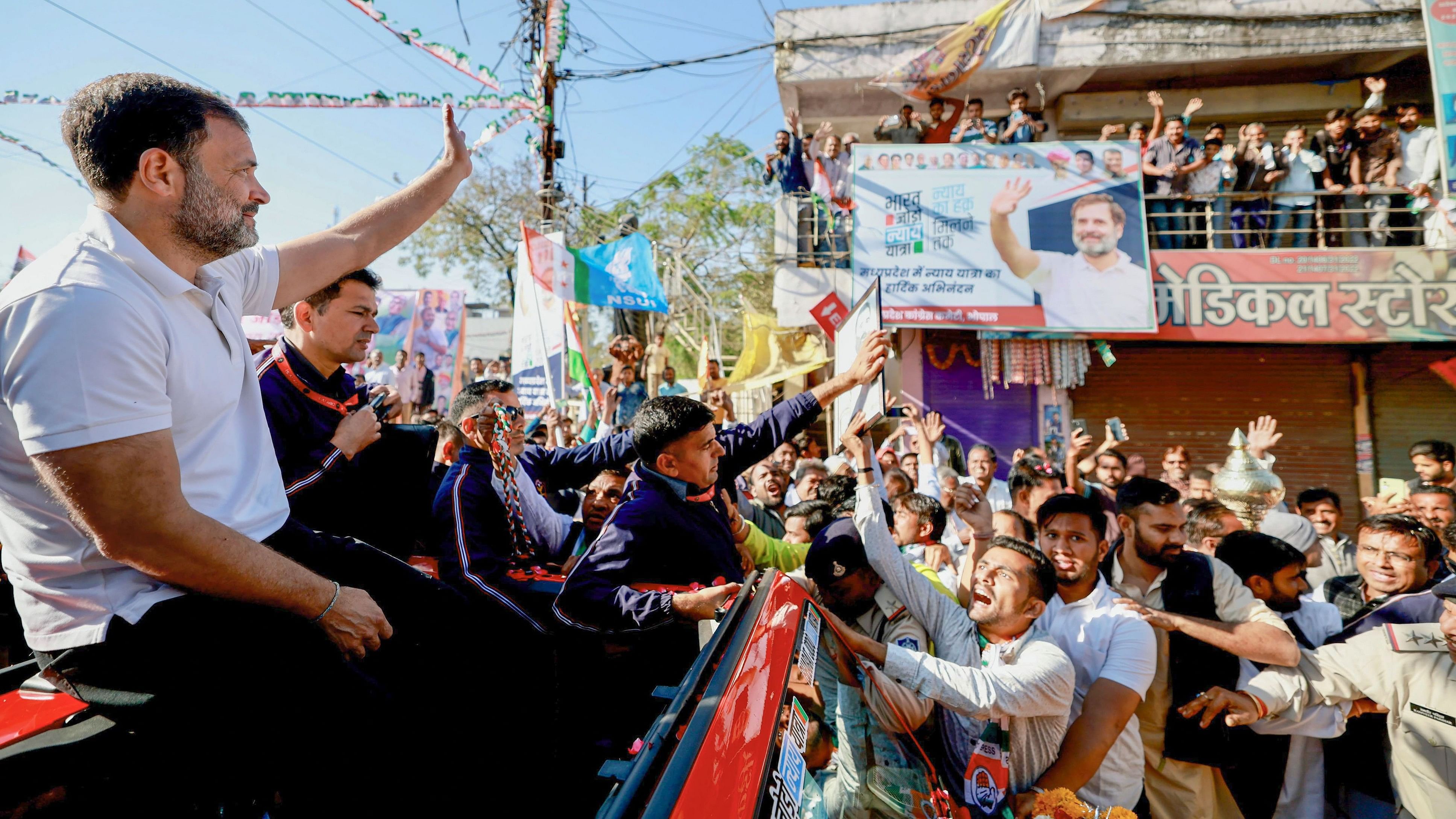 <div class="paragraphs"><p>Congress leader Rahul Gandhi waves at supporters during the Bharat Jodo Nyay Yatra, in Shajapur, Madhya Pradesh, Tuesday, March 5, 2024.     </p></div>