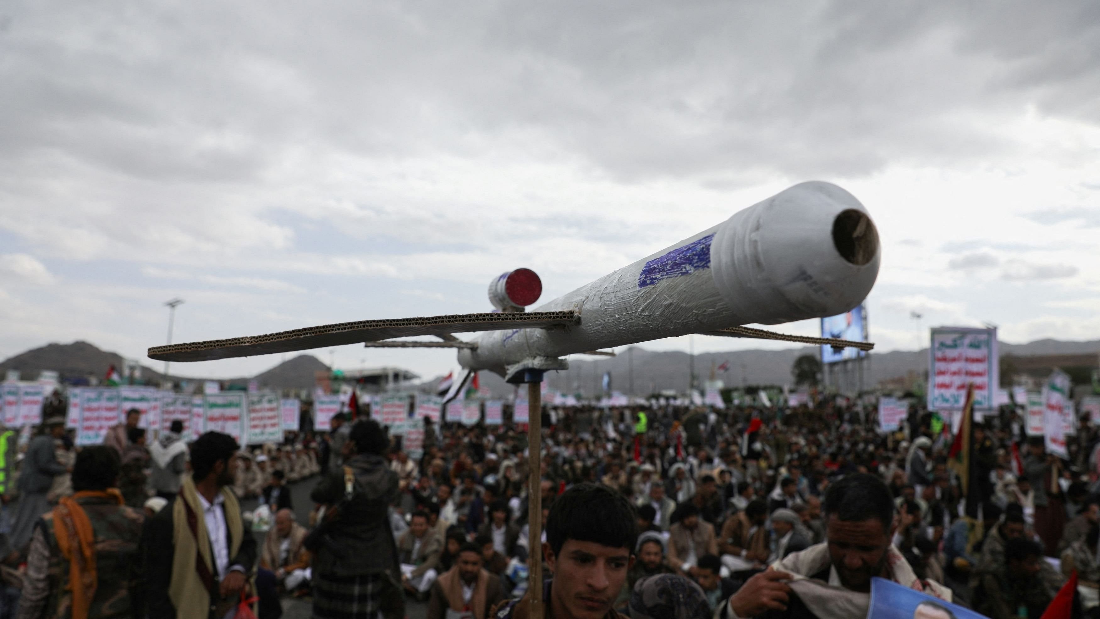 <div class="paragraphs"><p>A protester carries a mock drone as demonstrators, predominantly Houthi supporters, rally to show support to the Palestinians in the Gaza Strip in&nbsp;in Sanaa, Yemen.</p></div>