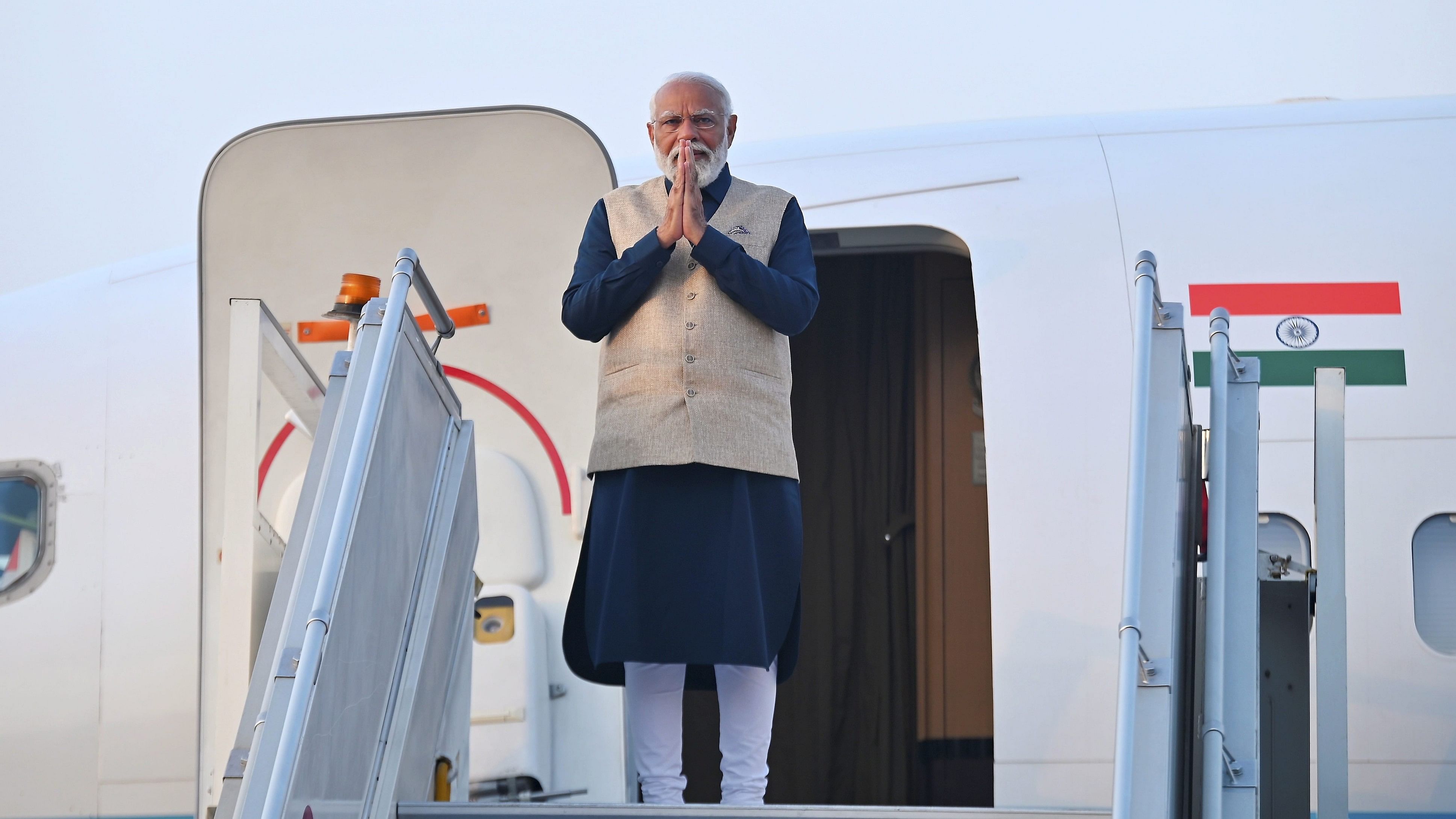 <div class="paragraphs"><p> New Delhi: Prime Minister Narendra Modi greets before departing for a two-day visit to Bhutan, in New Delhi, Friday, March 22, 2024.</p></div>