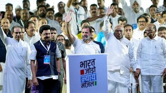 <div class="paragraphs"><p>Congress leader Rahul Gandhi with party President Mallikarjun Kharge, Shiv Sena (UBT) leader Uddhav Thackeray, Tamil Nadu CM M K Stalin and NCP chief Sharad Pawar during a rally at the conclusion of the Bharat Jodo Nyay Yatra, in Mumbai, Sunday, March 17, 2024.</p></div>