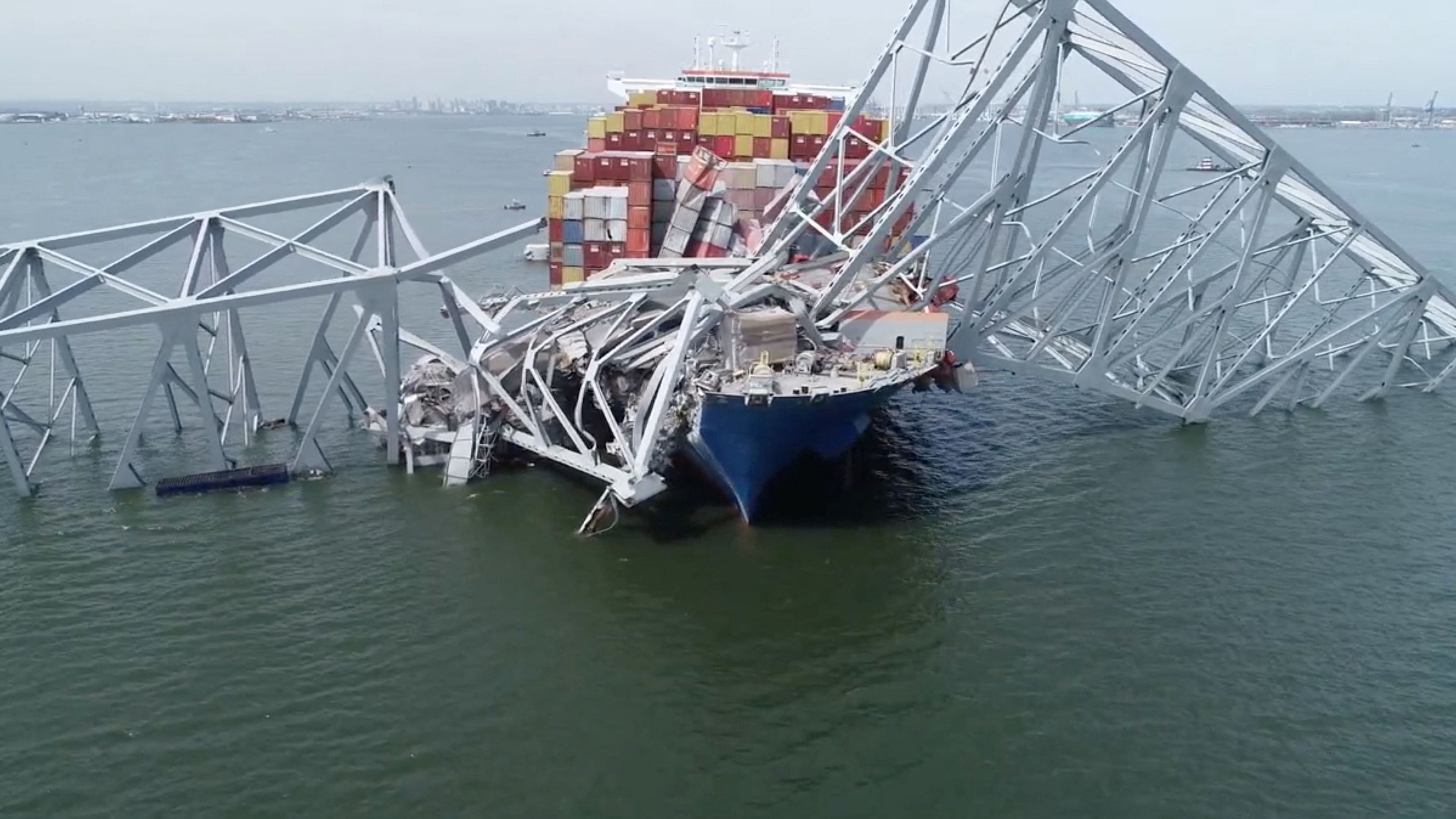 <div class="paragraphs"><p>A drone view of the Dali cargo vessel, which crashed into the Francis Scott Key Bridge causing it to collapse, in Baltimore, Maryland, US</p></div>