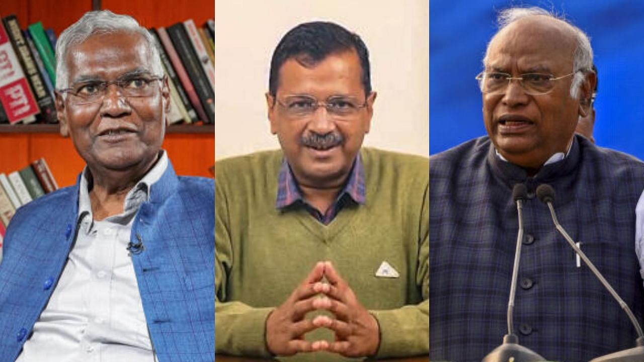 <div class="paragraphs"><p>(L-R) D Raja of CPI, Arvind Kejriwal who is currently behind bars, and Congress President Mallikarjun Kharge.</p></div>