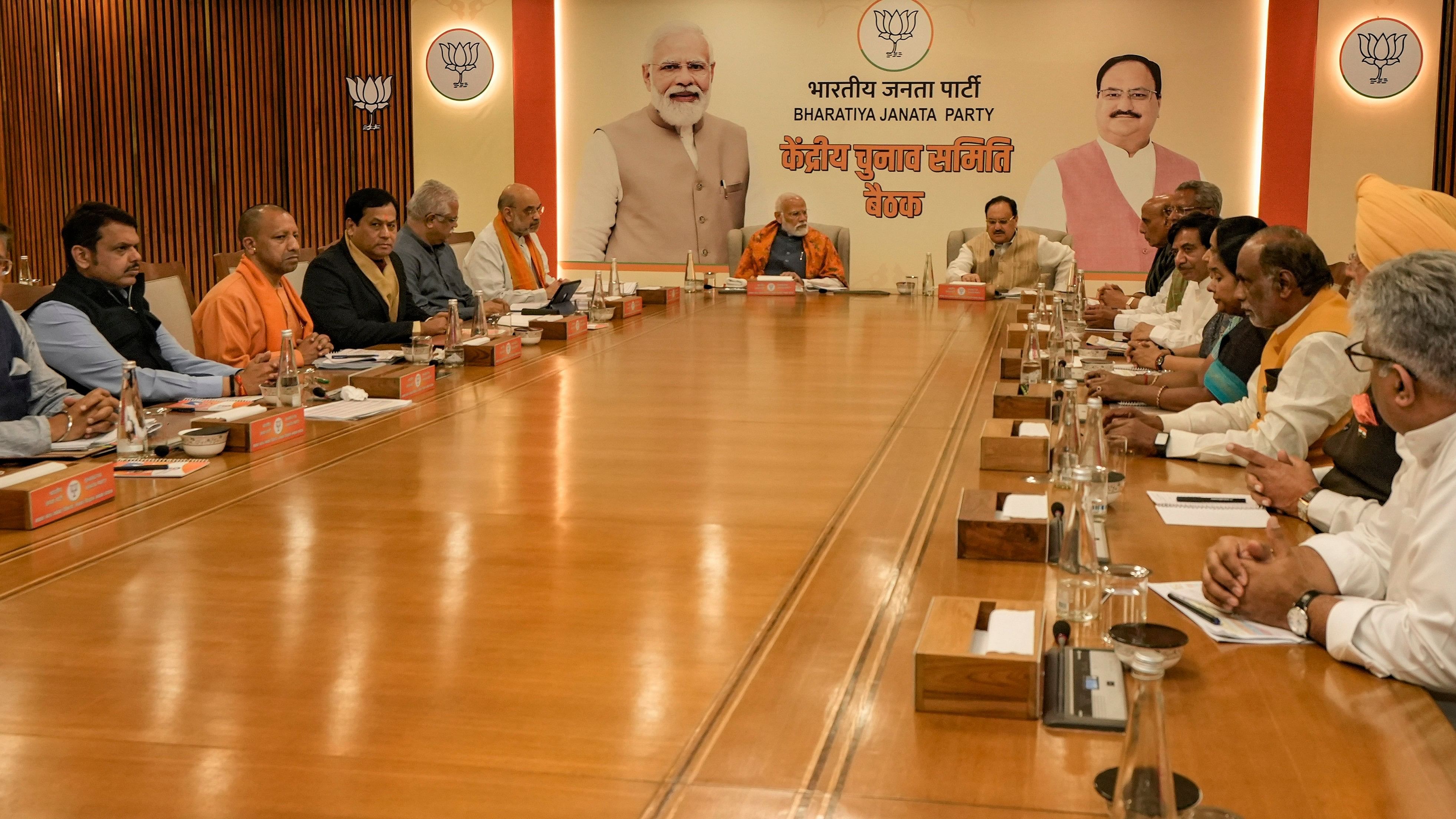 <div class="paragraphs"><p>Prime Minister Narendra Modi with Union Home Minister Amit Shah, Union Defence Minister Rajnath Singh, BJP National President JP Nadda, Uttar Pradesh Chief Minister Yogi Adityanath and others during the BJP's Central Election Committee (CEC) meeting to finalise the first list of candidates for the upcoming Lok Sabha polls, in New Delhi, Thursday, February 29, 2024. </p></div>