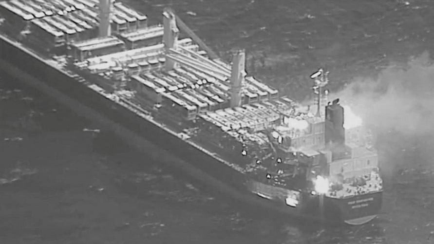 <div class="paragraphs"><p>An aerial view of the Barbados-flagged ship True Confidence ablaze following a Houthi missile attack at sea on March 6 in this handout photo.     </p></div>