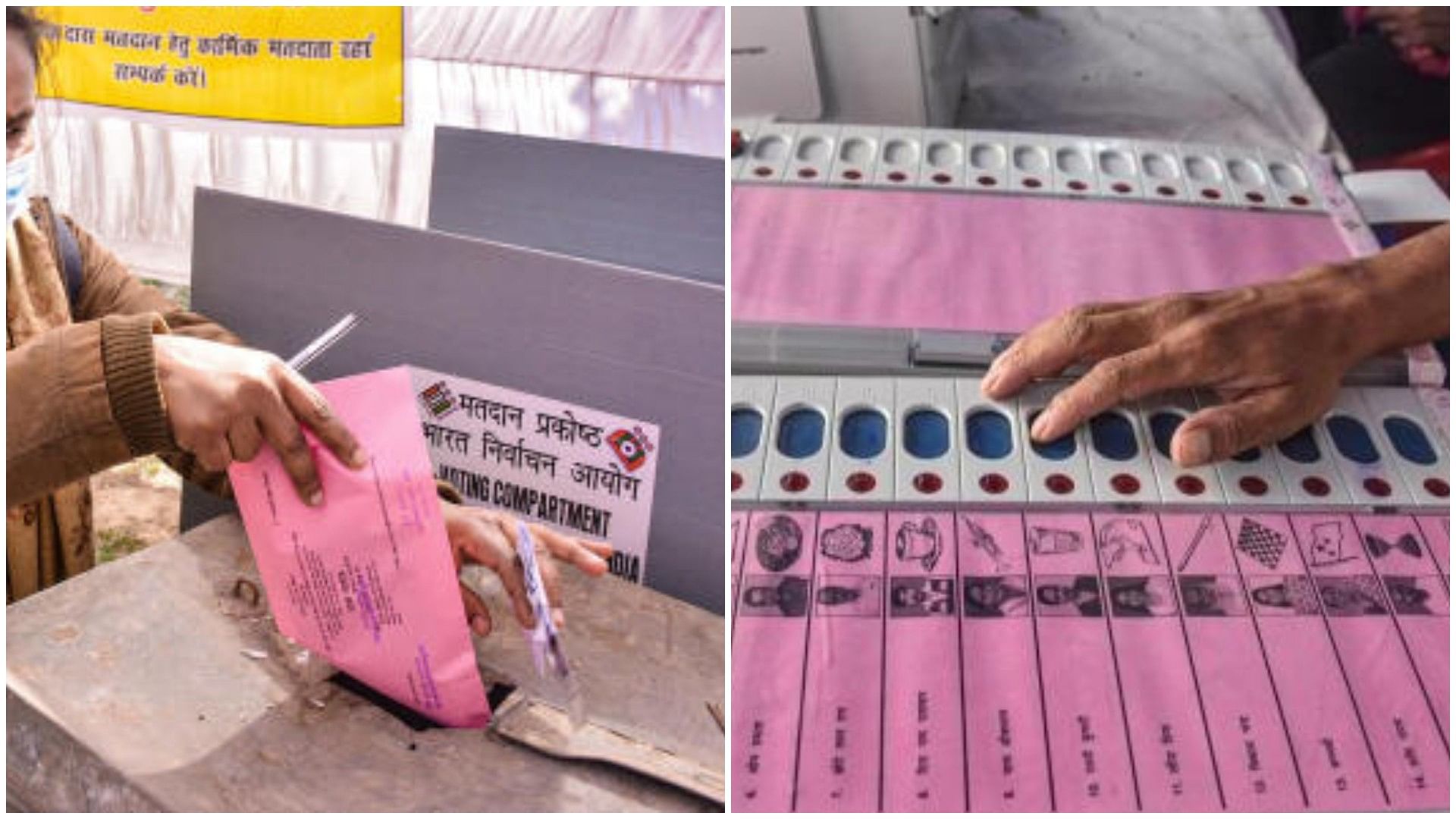 <div class="paragraphs"><p>People casting votes through a postal ballot and EVM.</p></div>