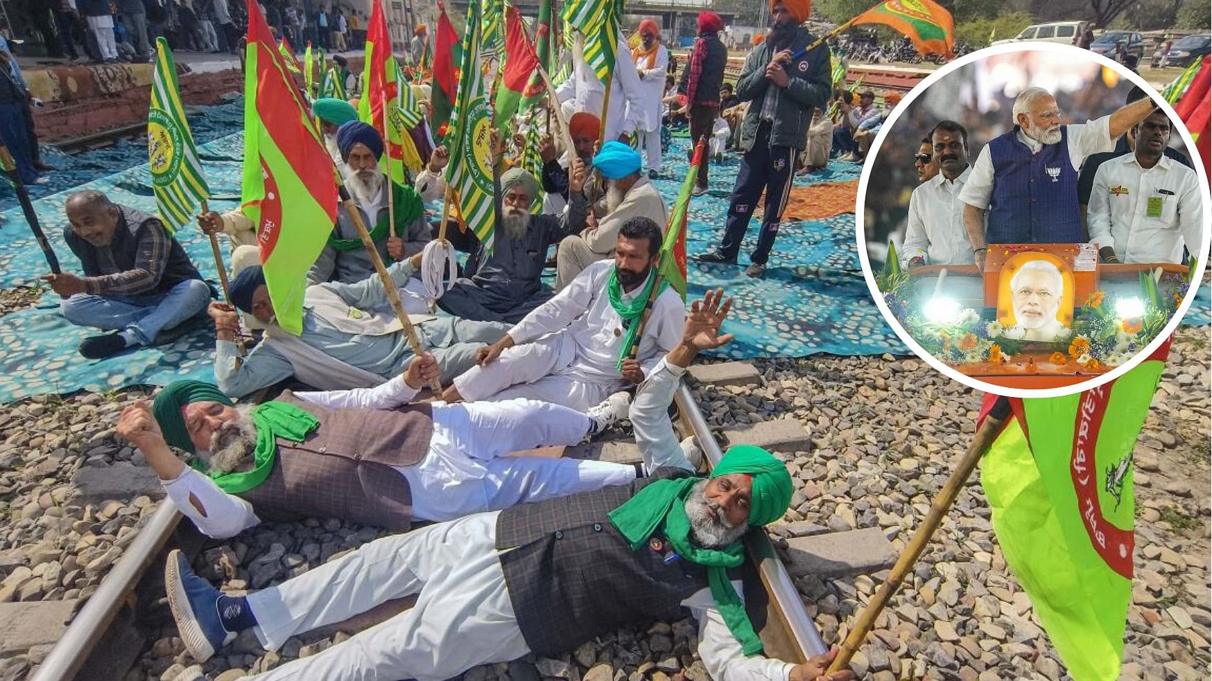 <div class="paragraphs"><p>Collage showing farmers blocking tracks as part of 'Rail Roko' protest, and Narendra Modi at a roadshow can be seen on the left side.</p></div>