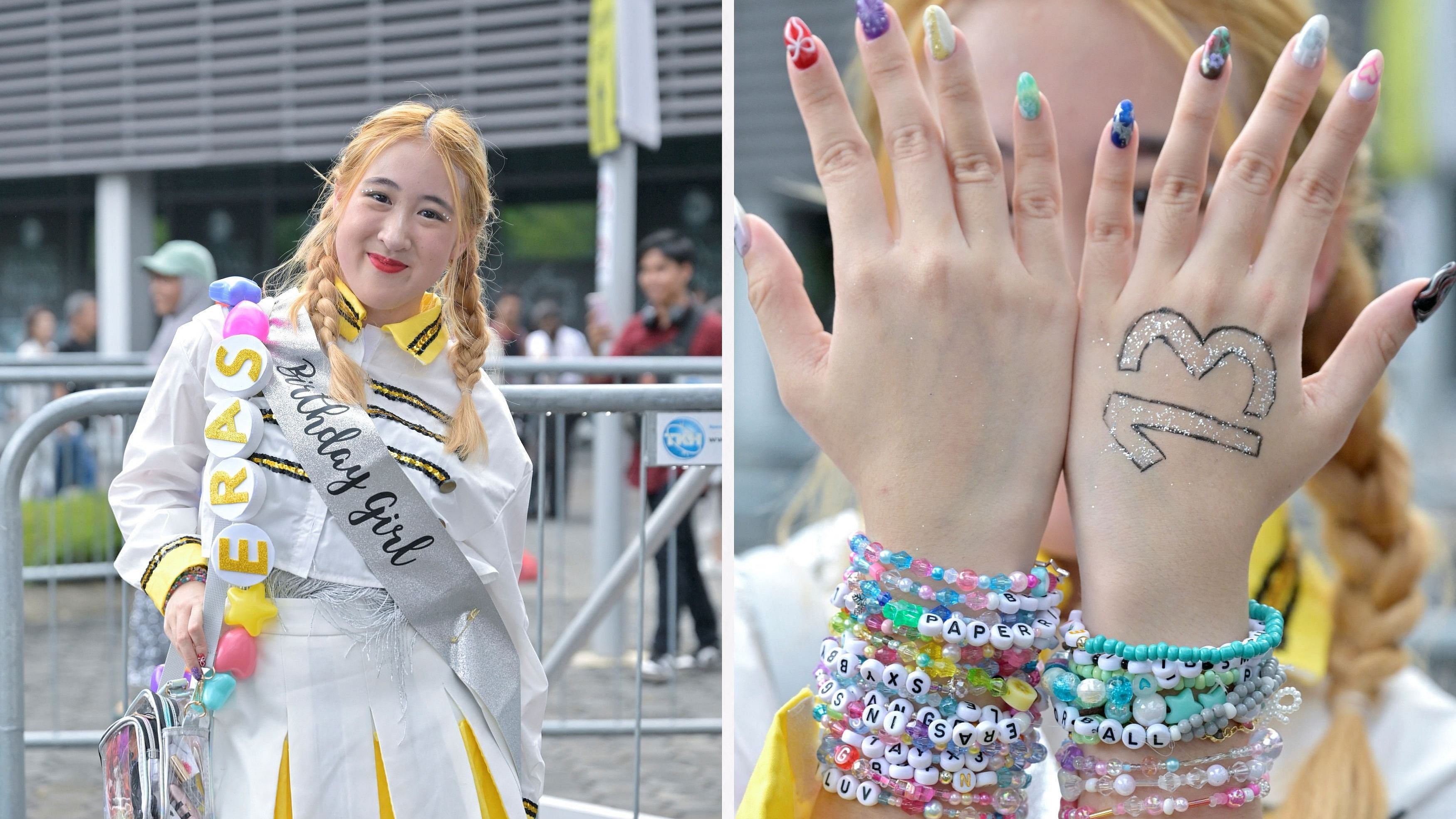 <div class="paragraphs"><p>A combination photo shows Taylor Swift's fan, Cherise Wong, 18, from Singapore, posing for a picture, at the National Stadium on the first night of Taylor Swift's Eras Tour concert in Singapore March 2, 2024. </p></div>