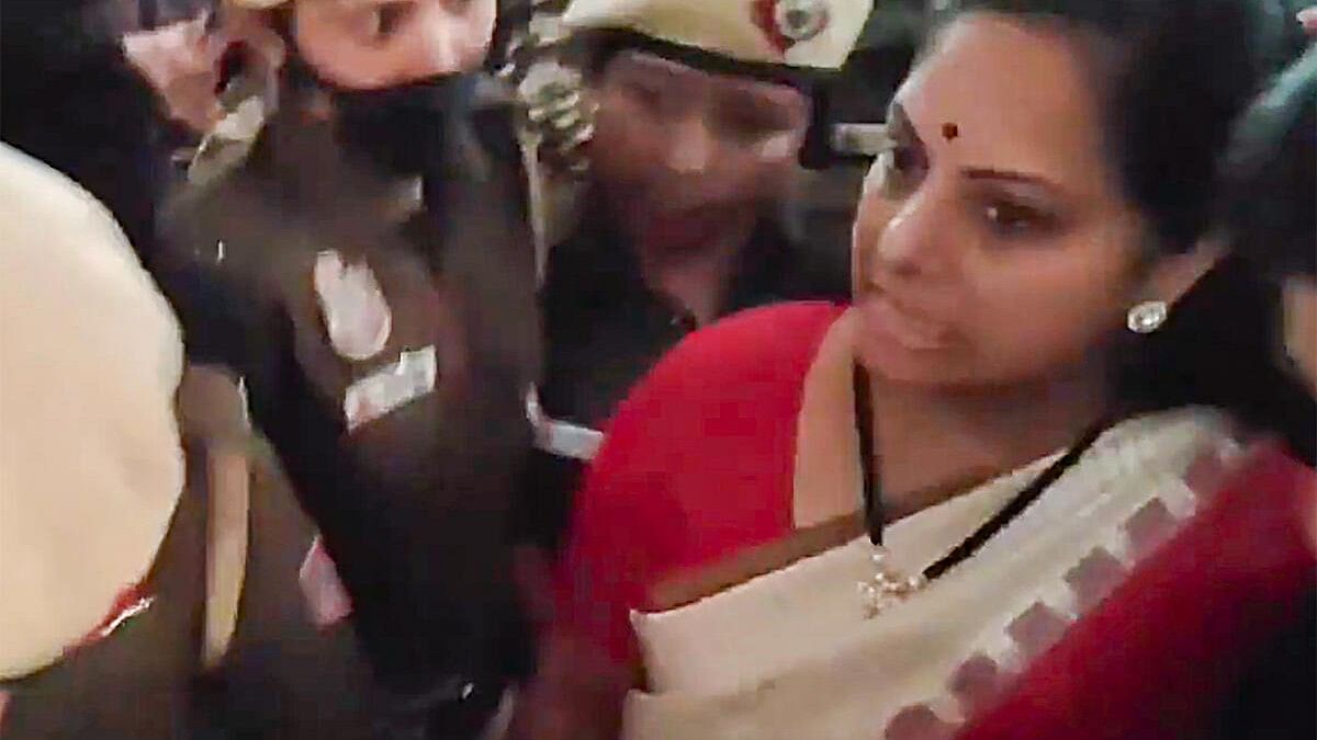 <div class="paragraphs"><p>BRS leader K Kavitha, arrested by the ED in connection with the Delhi excise policy-linked money laundering case, being produced at the Rouse Avenue Court, in New Delhi.&nbsp;</p></div>