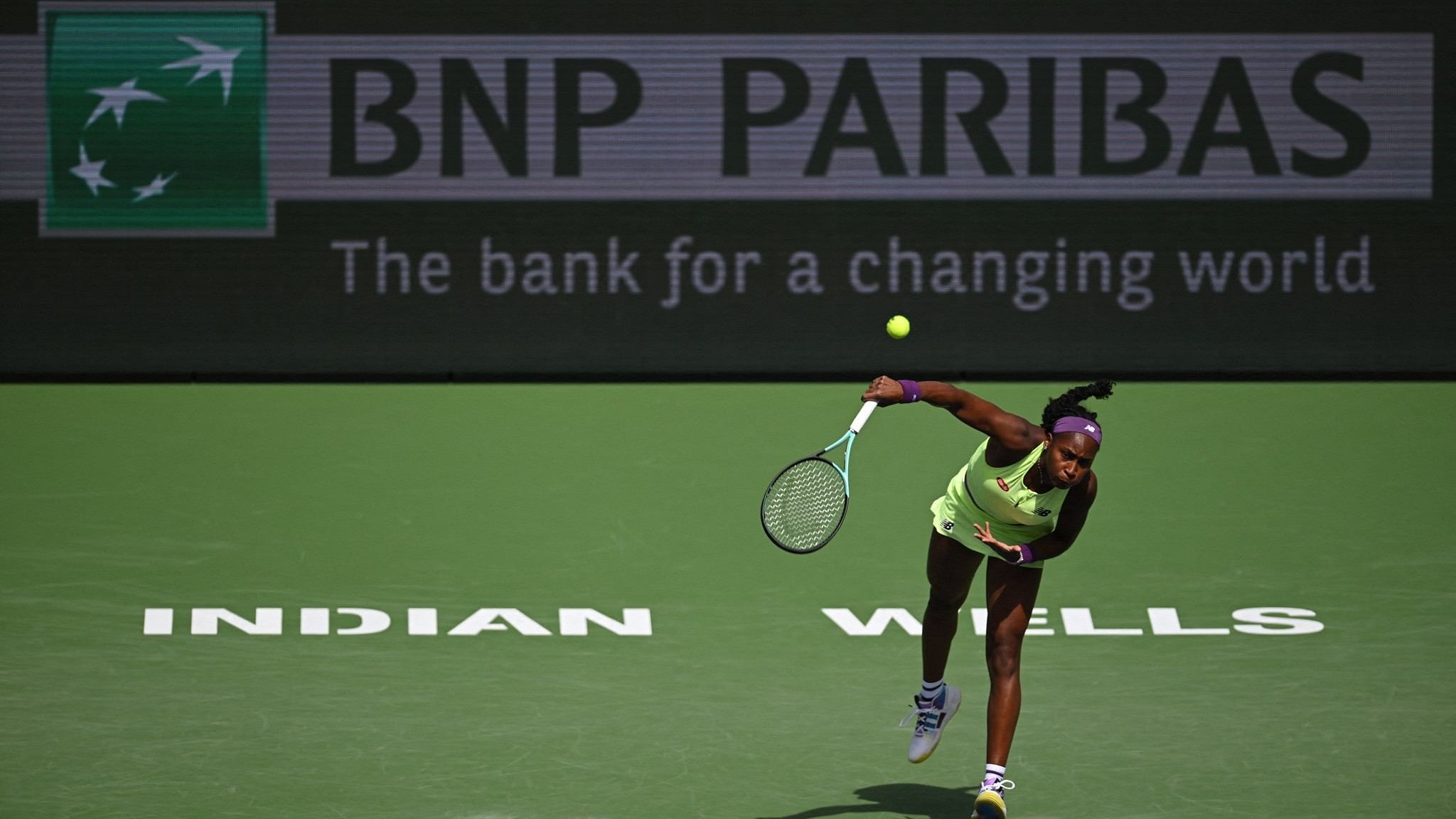 <div class="paragraphs"><p>Indian Wells, CA, USA; Coco Gauff (USA) hits a serve in her second round match against Clara Burel (FRA) during the BNP Paribas Open at Indian Wells Tennis Garden. </p></div>