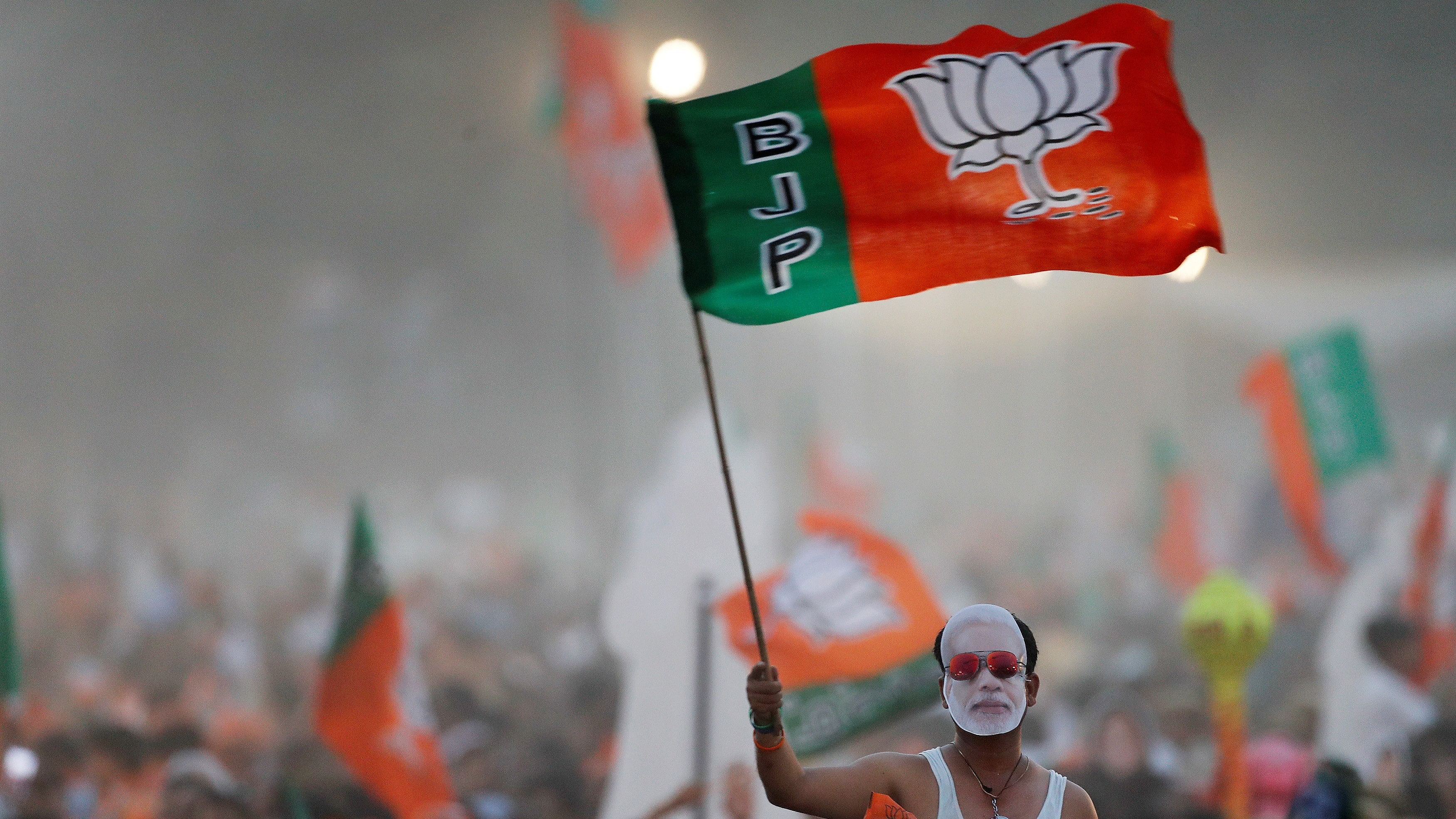 <div class="paragraphs"><p>BJP&nbsp;supporter holds a party flag during a public meeting.</p></div>