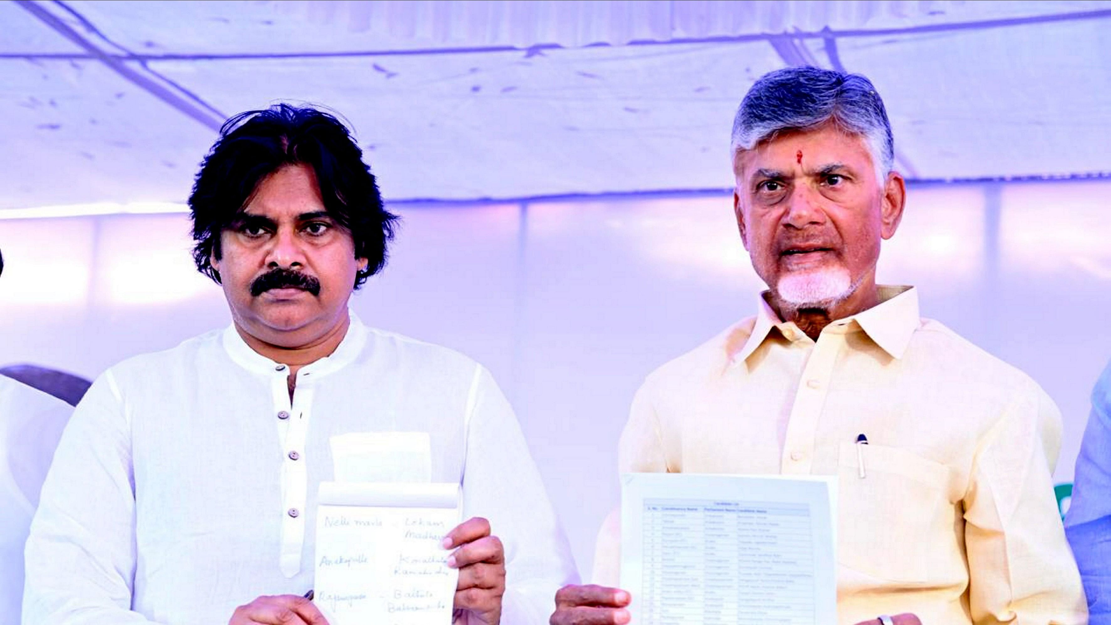 <div class="paragraphs"><p> Telugu Desam Party (TDP) Chief N Chandrababu Naidu with Jana Sena Party chief Pawan Kalyan during the announcement of their first joint list of 118 seats for the forthcoming Assembly polls.</p></div>