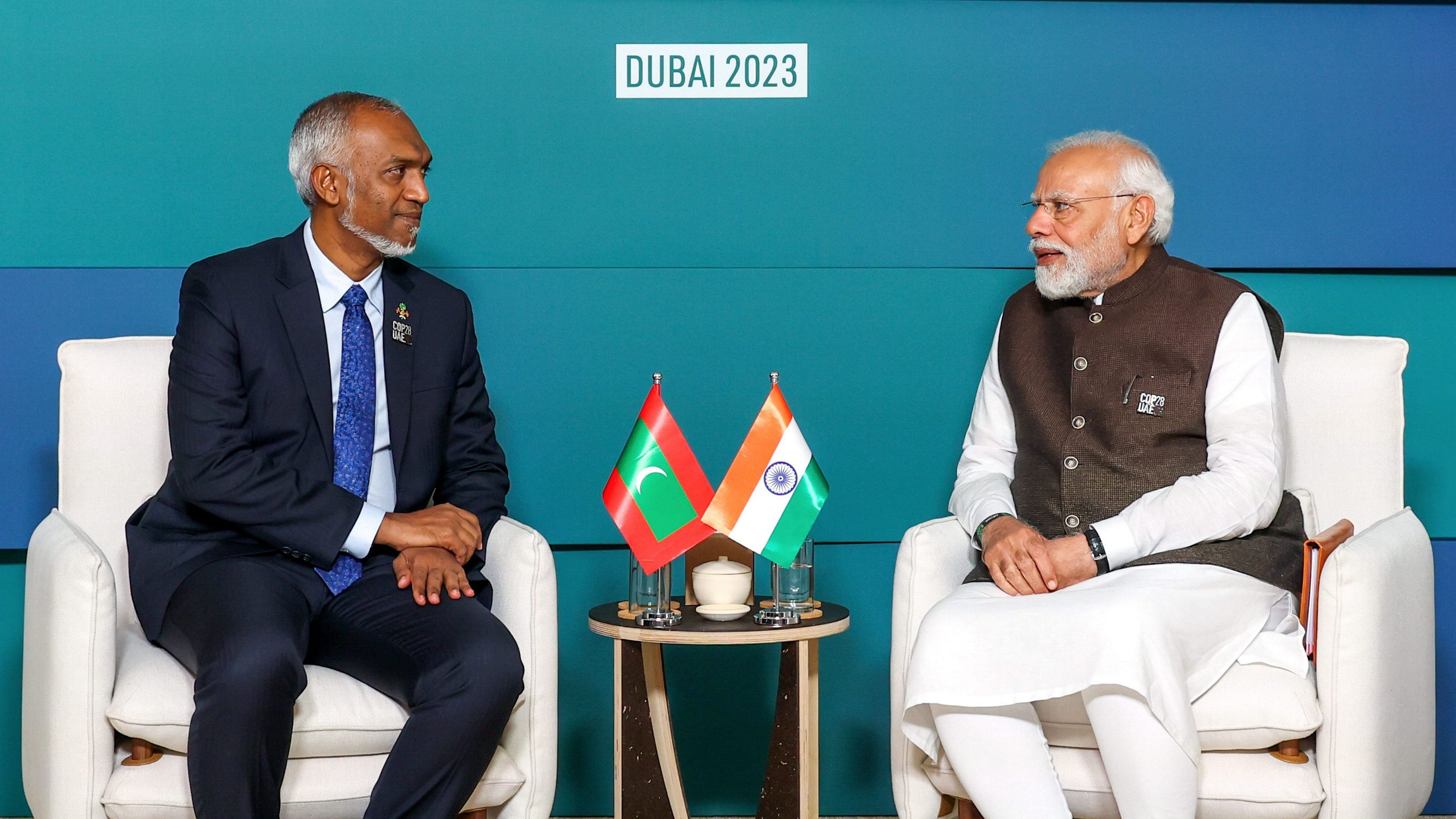 <div class="paragraphs"><p>File Photo:&nbsp;Prime Minister Narendra Modi with President of Maldives, Mohamed Muizzu, during the COP28, in UAE.&nbsp;</p></div>