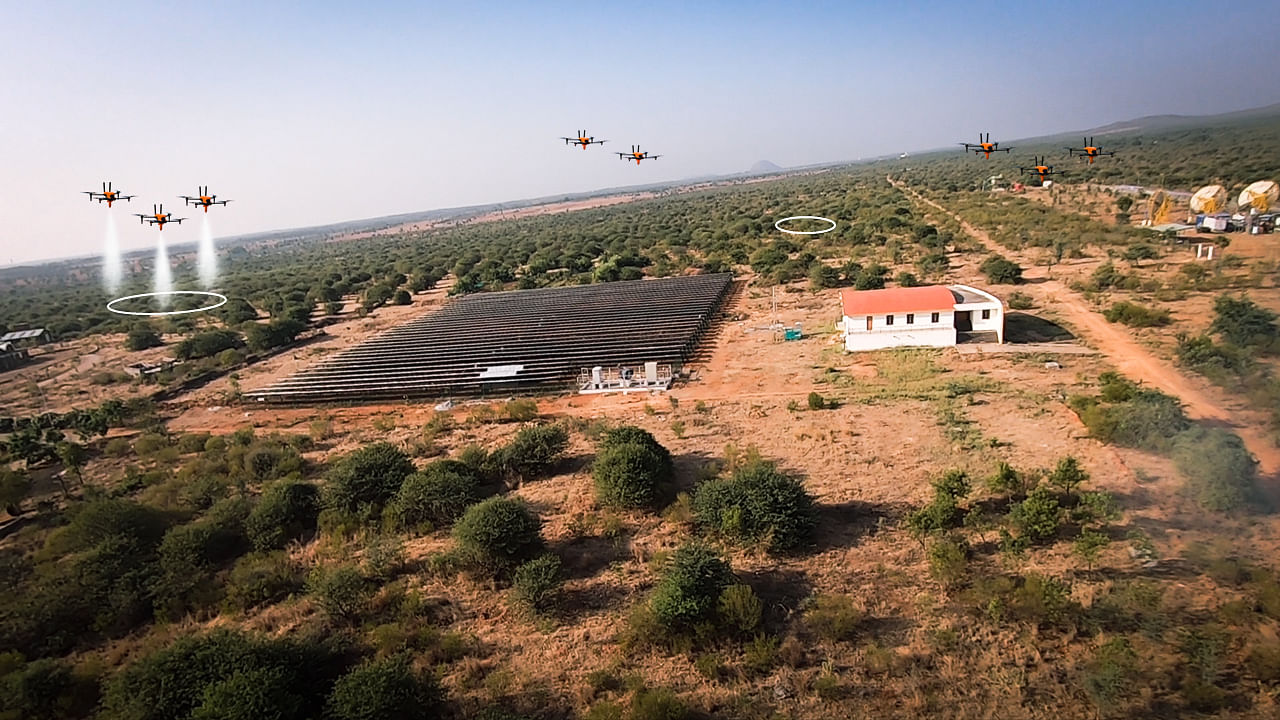 <div class="paragraphs"><p>Three drone swarms test the proposed approach. The two targets for search and mitigation are marked as white circles by the swarms.</p></div>