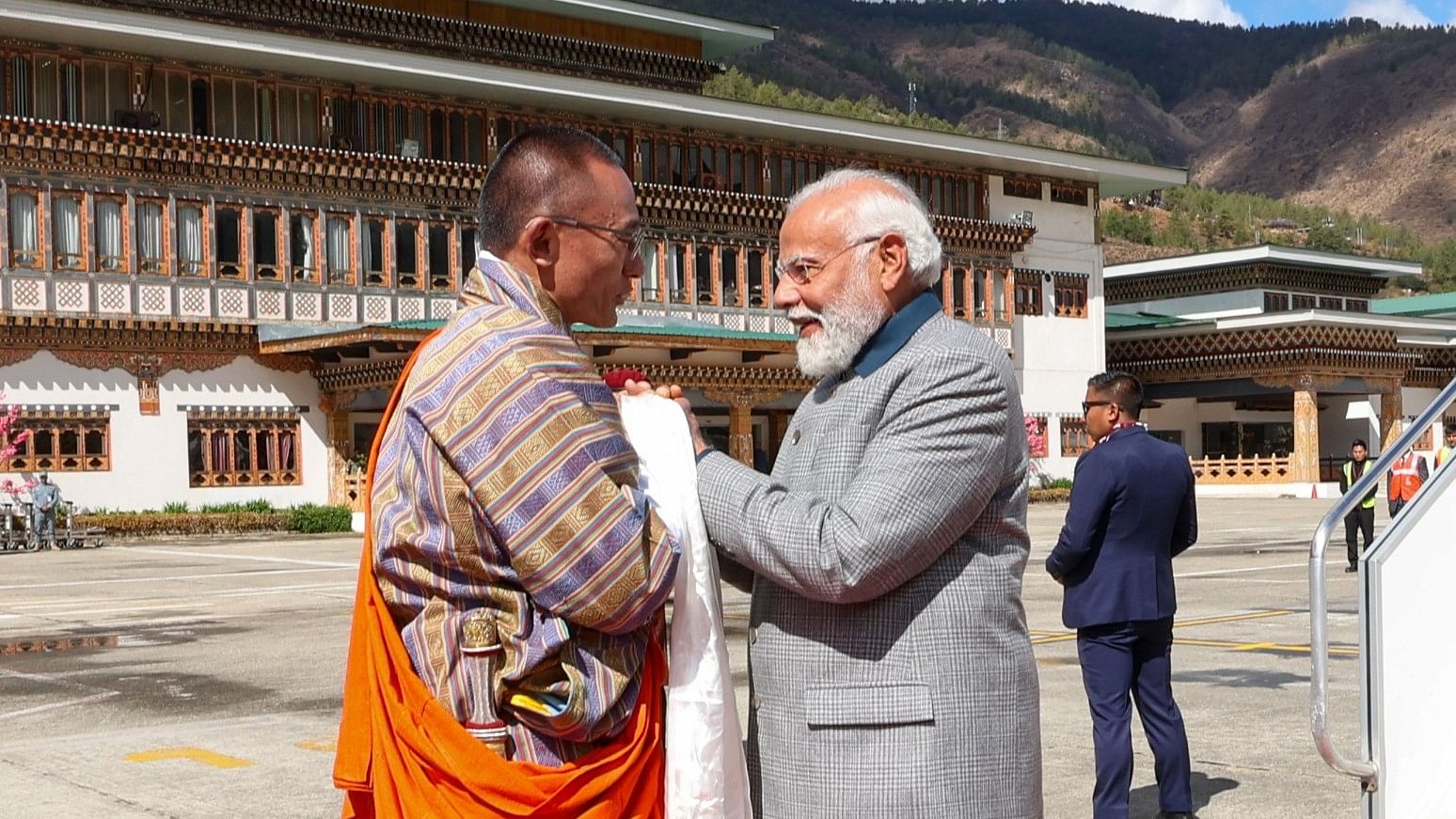 <div class="paragraphs"><p>Modi was accorded a ceremonial welcome upon his arrival at the Paro International Airport earlier in the day.</p></div>