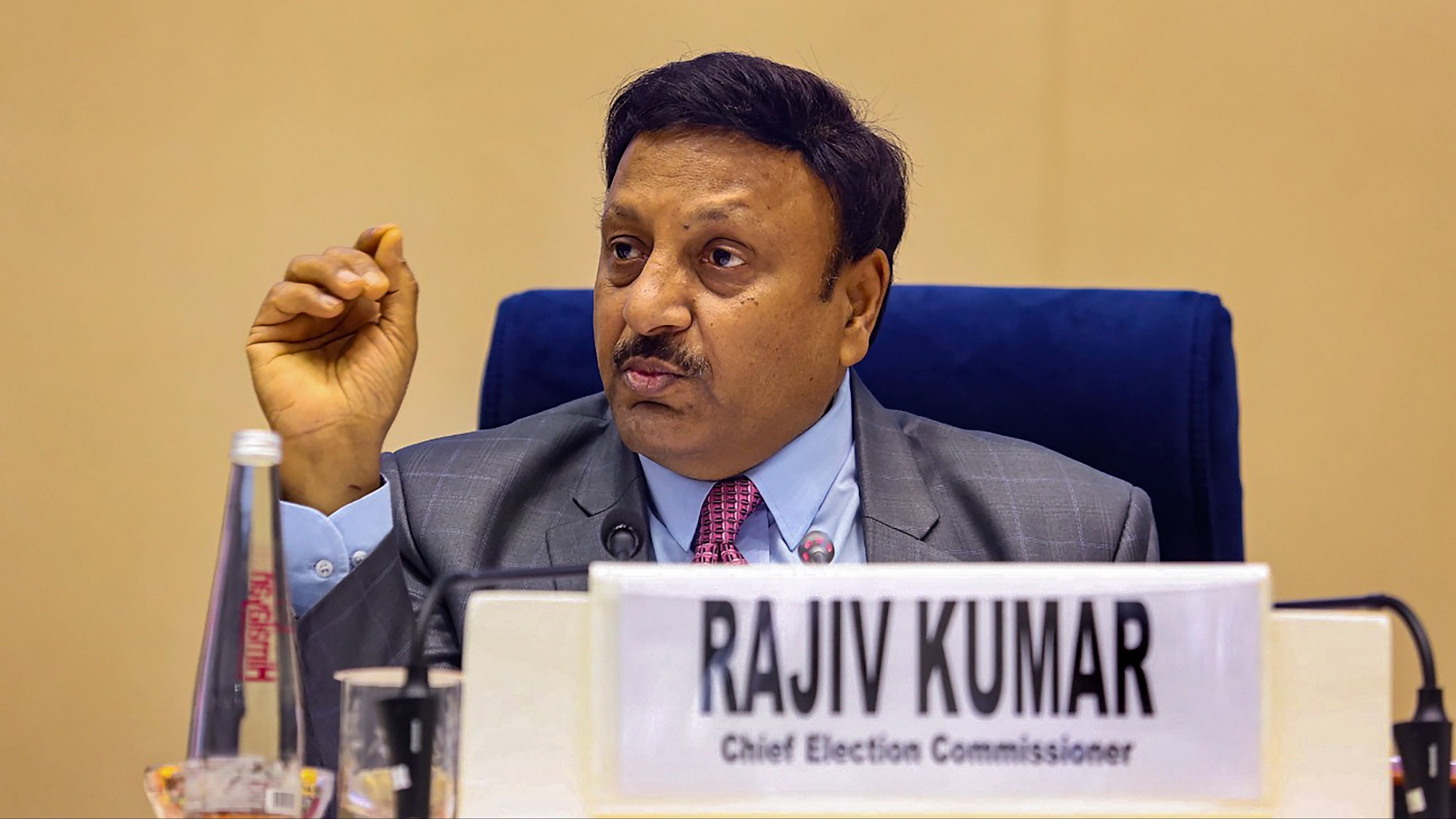 <div class="paragraphs"><p>Chief Election Commissioner Rajiv Kumar during a briefing for observers to be deployed in the states and union territories, ahead of the Lok Sabha elections, in New Delhi, Monday, March 11, 2024. </p></div>