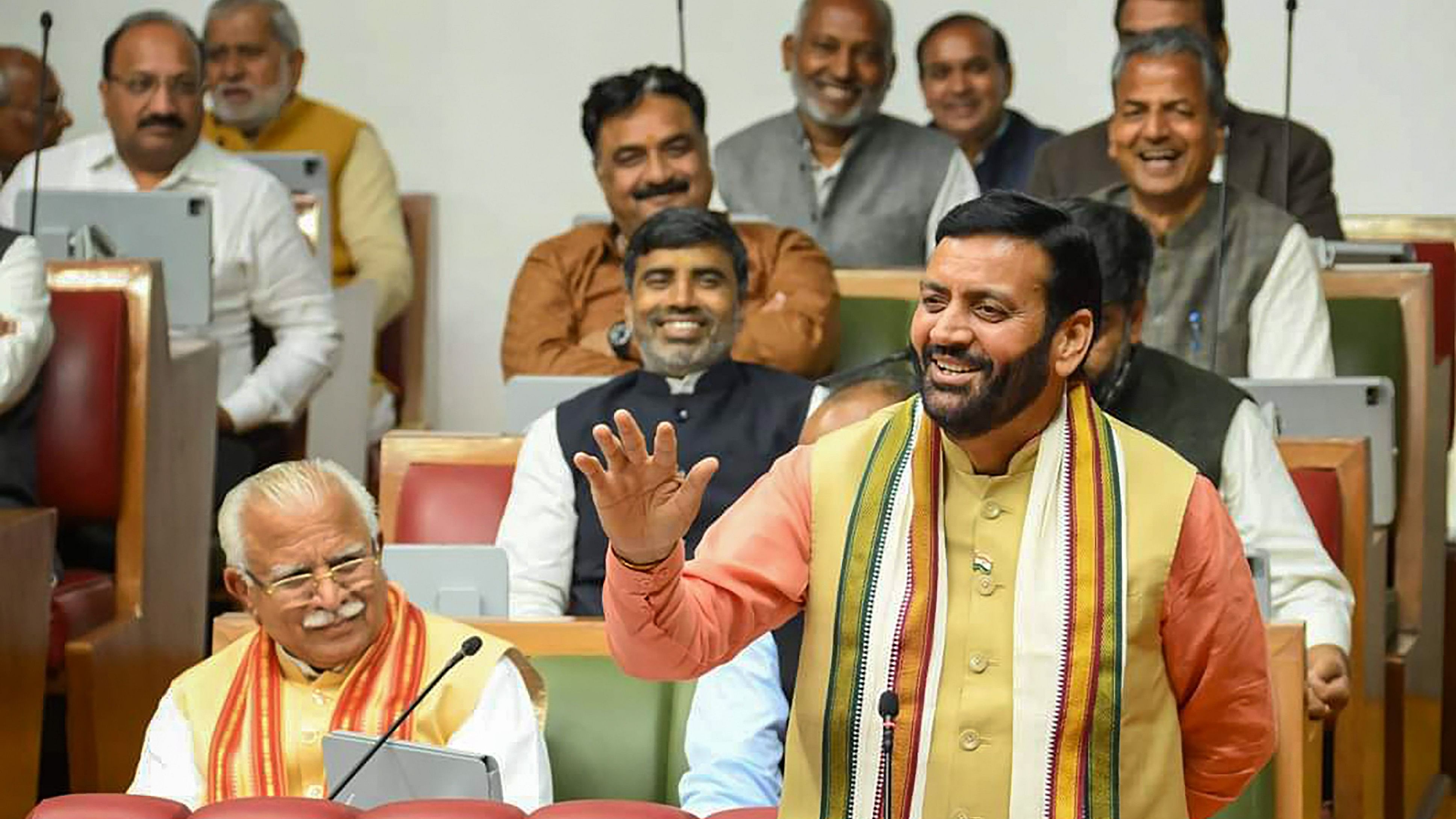 <div class="paragraphs"><p> Haryana Chief Minister Nayab Singh Saini speaks as former CM Manohar Lal Khattar looks on during a special session of the state Assembly in Chandigarh.</p></div>