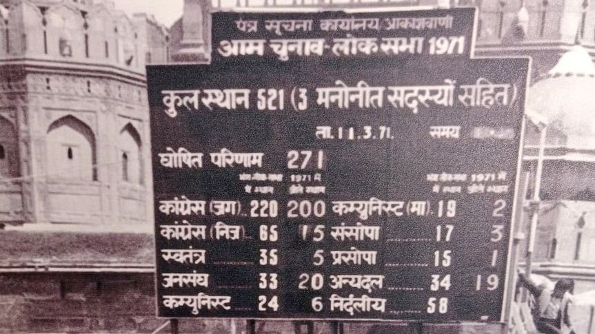 <div class="paragraphs"><p>The results of the 1971 general elections displayed in front of the Red Fort in Delhi.</p></div>