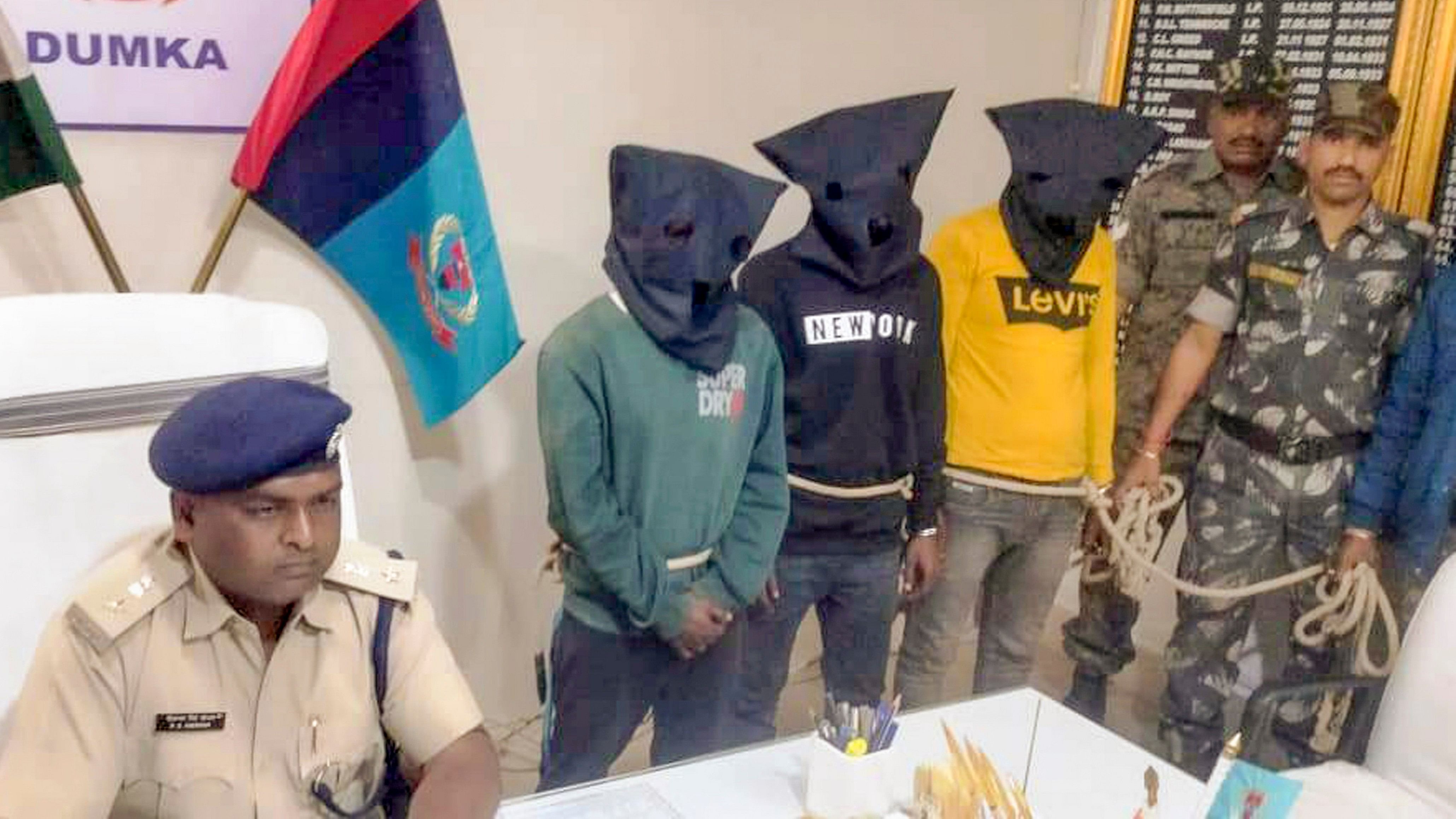 <div class="paragraphs"><p>A file photo of police personnel addressing a press conference after the arrest of three people accused in the Spanish tourist gang-rape case, in Dumka district of Jharkhand, on Sunday.</p></div>
