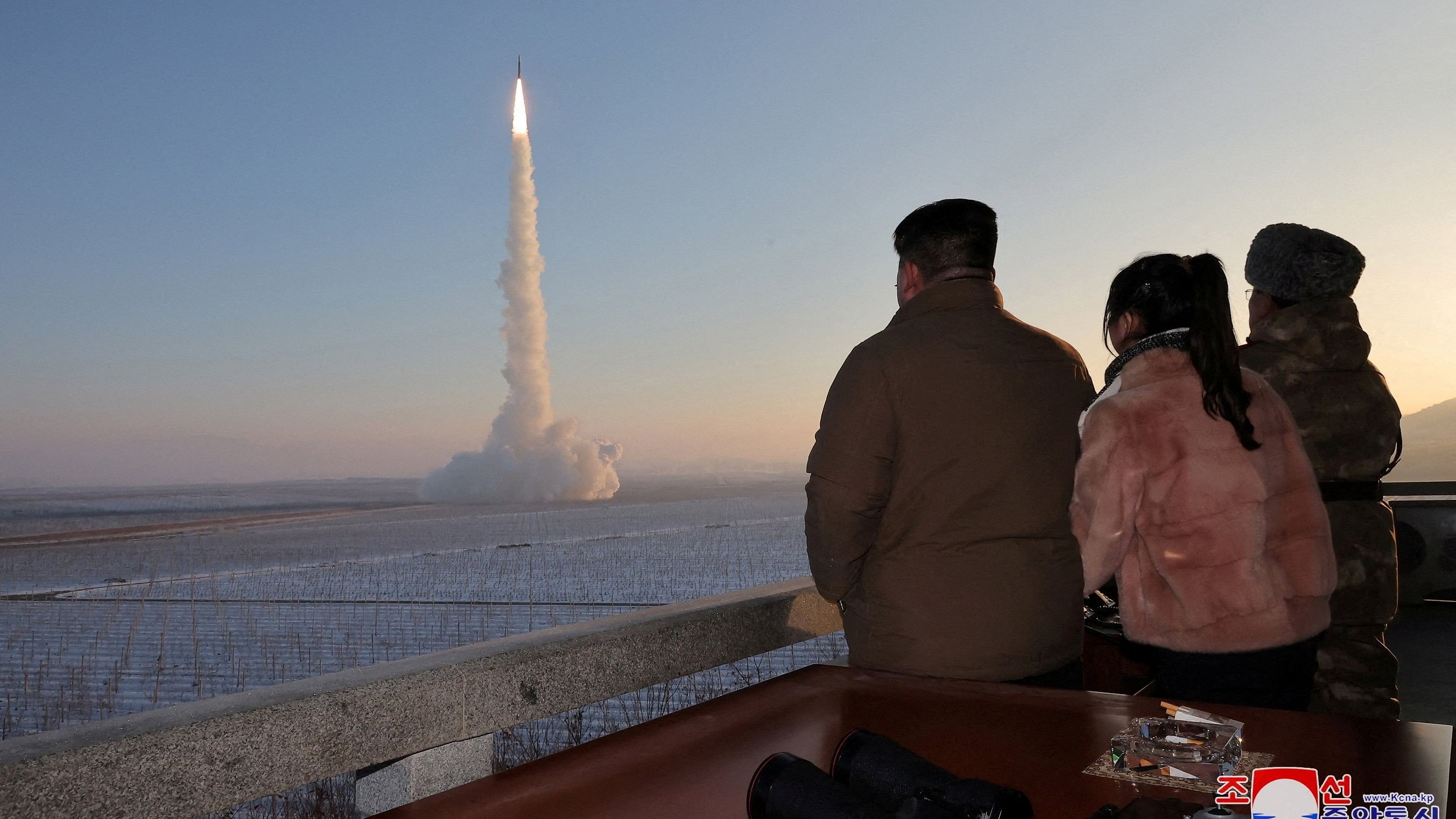 <div class="paragraphs"><p>North Korean leader Kim Jong Un views the launch of a Hwasong-18 intercontinental ballistic missile at an unknown location on December 18, 2023.</p></div>