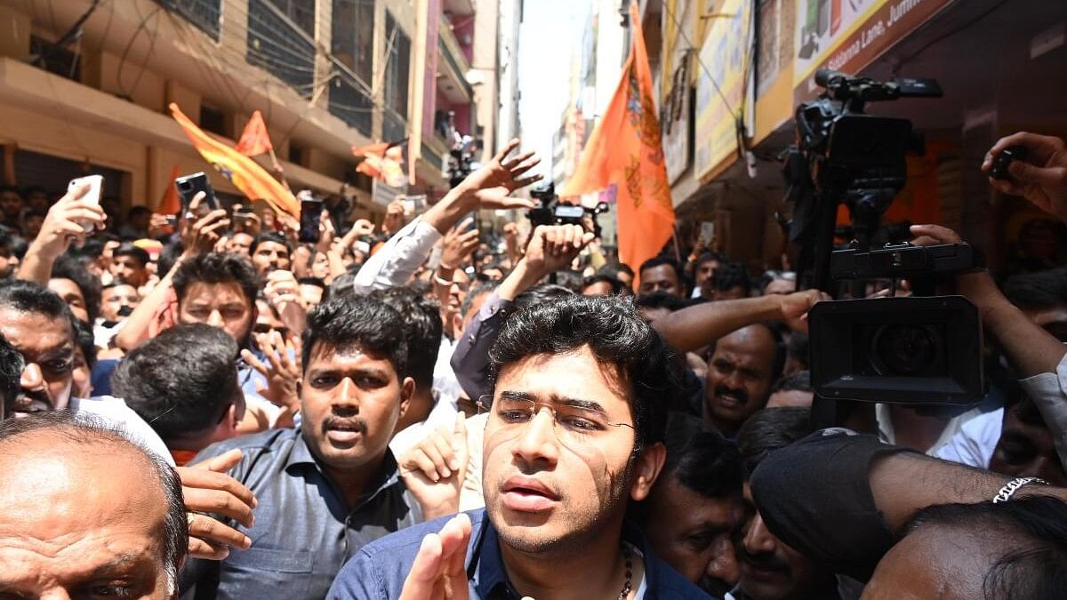 <div class="paragraphs"><p>MP Tejasvi Surya at&nbsp;Nagarthpet street in Central Bengaluru.</p></div>