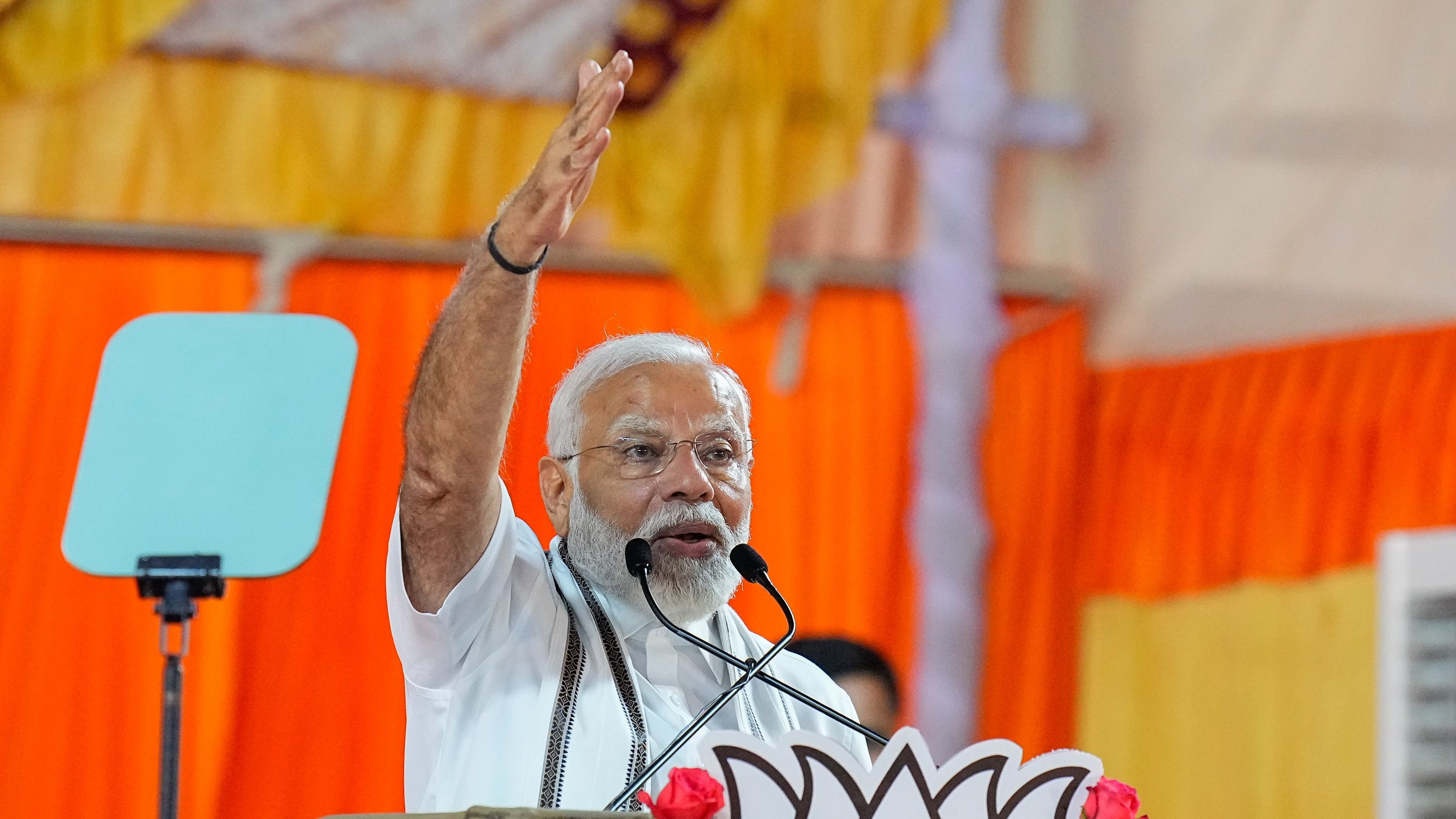 <div class="paragraphs"><p>Prime Minister Narendra Modi addresses during a public meeting ahead of the Lok Sabha elections, at Nandanam YMCA Ground in Chennai, Monday, March 4, 2024.</p></div>