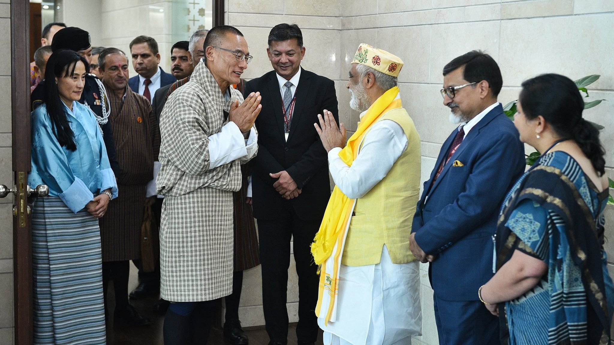 <div class="paragraphs"><p>Tobgay being received at the New Delhi airport by Union minister Ashwini Kumar Choubey.&nbsp;</p><p> </p></div>