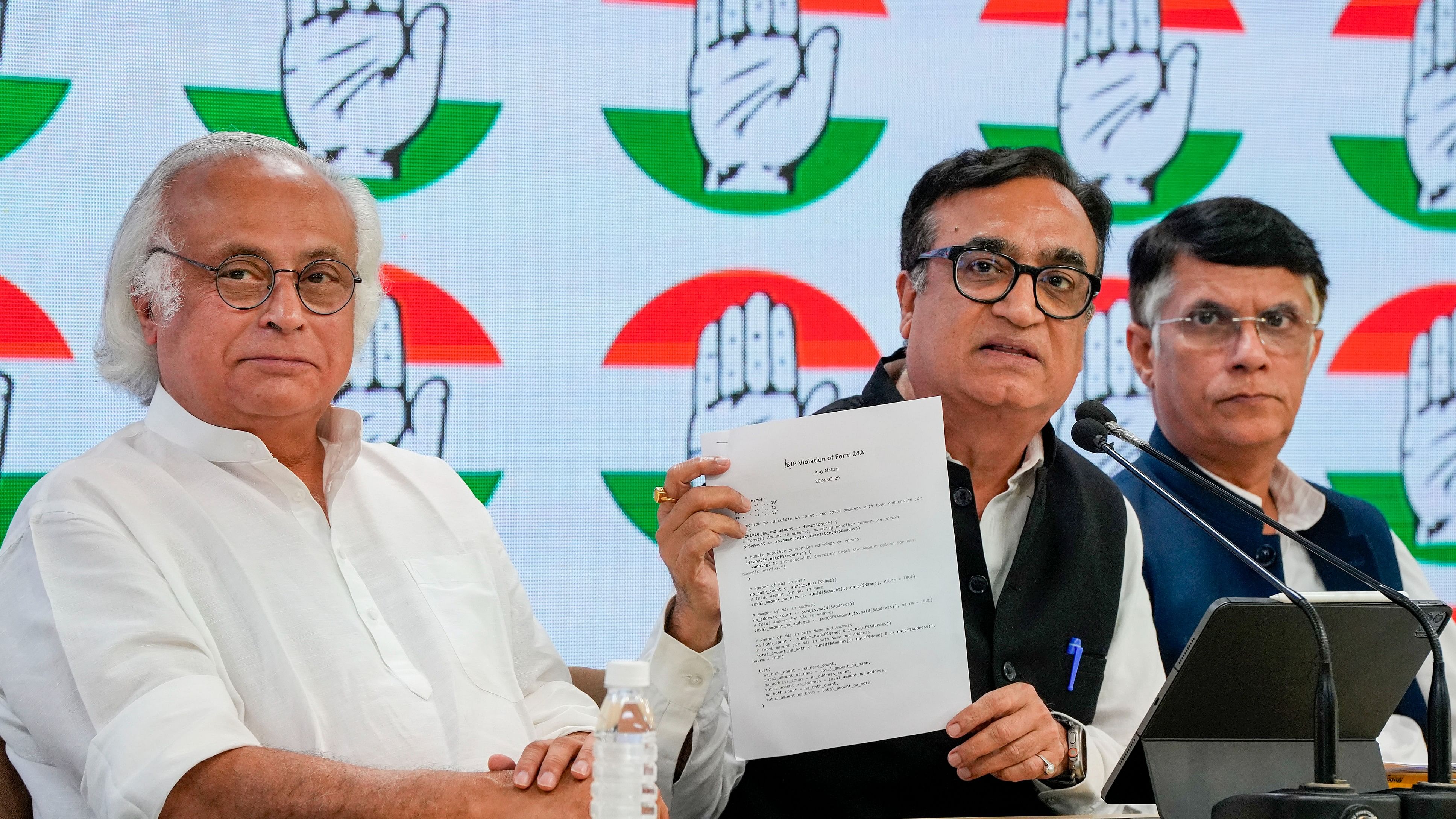 <div class="paragraphs"><p>Congress leaders Jairam Ramesh, Ajay Maken and Pawan Khera during a press conference, in New Delhi, Friday, March 29, 2024.</p></div>