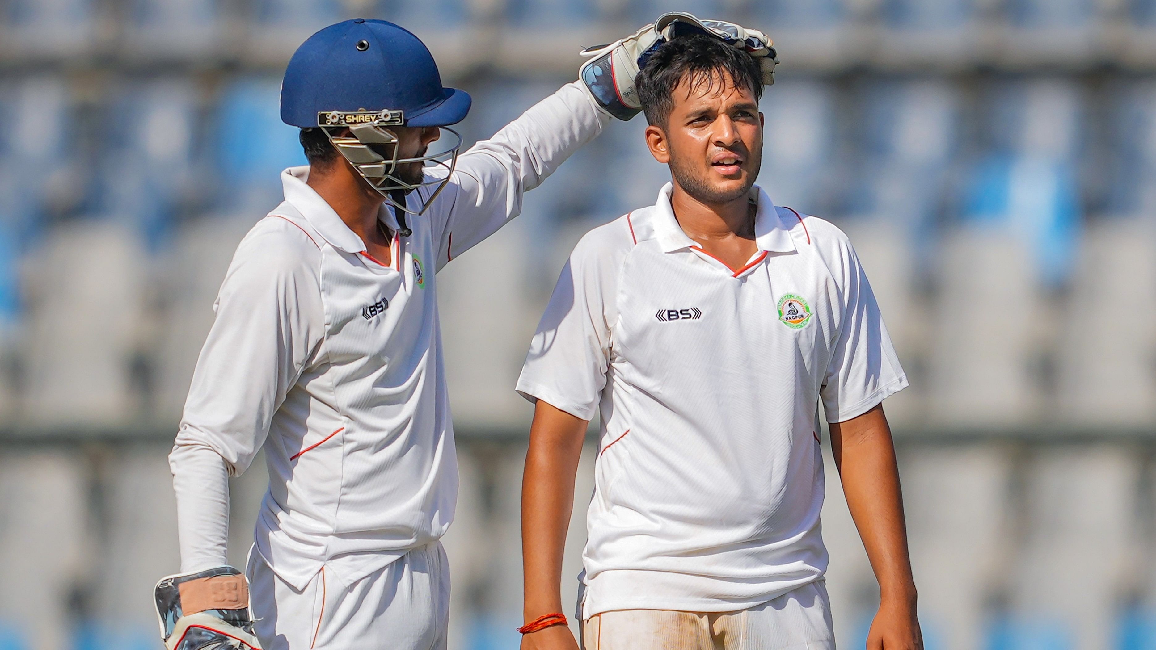 <div class="paragraphs"><p>Vidarbha's bowler Harsh Dubey celebrates the wicket  during the third day of the Ranji Trophy final cricket match between Mumbai and Vidarbha, on Tuesday.</p></div>
