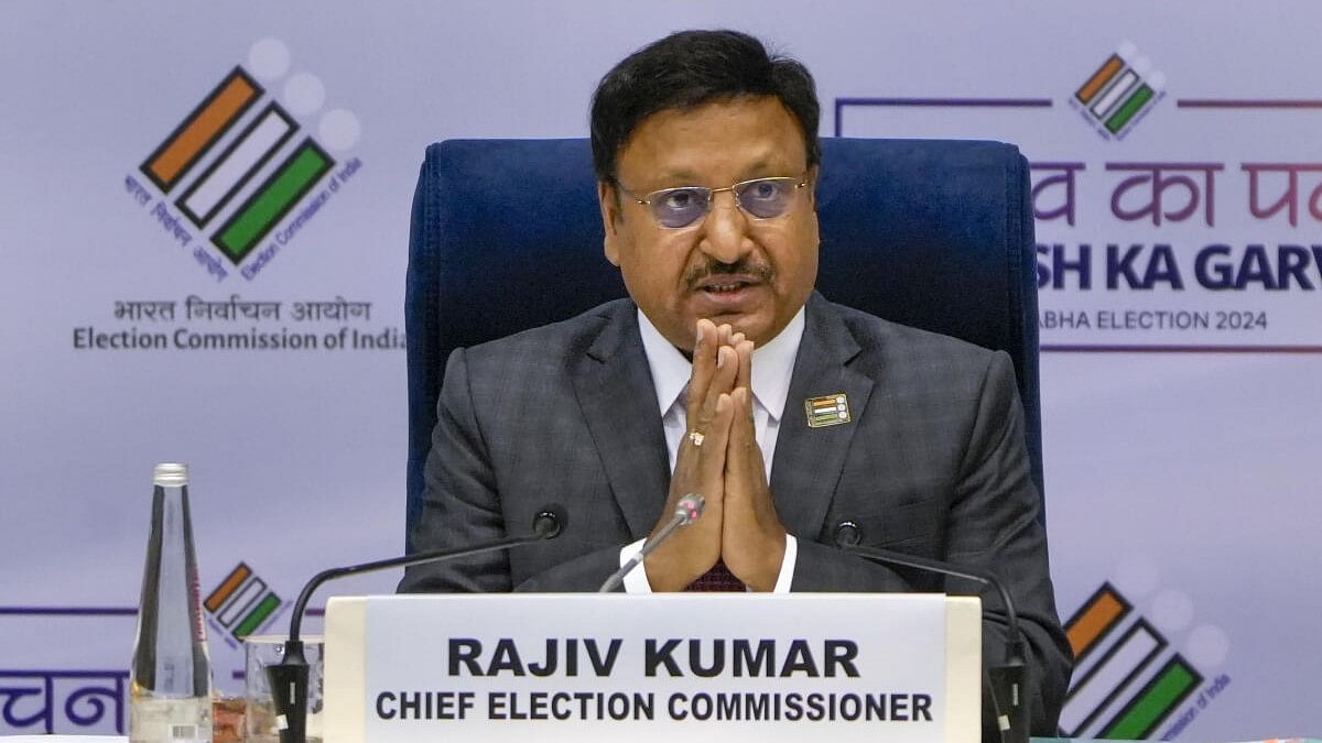<div class="paragraphs"><p>Chief Election Commissioner Rajiv Kumar gestures during announcement of the schedule for General Elections 2024, in New Delhi.</p></div>