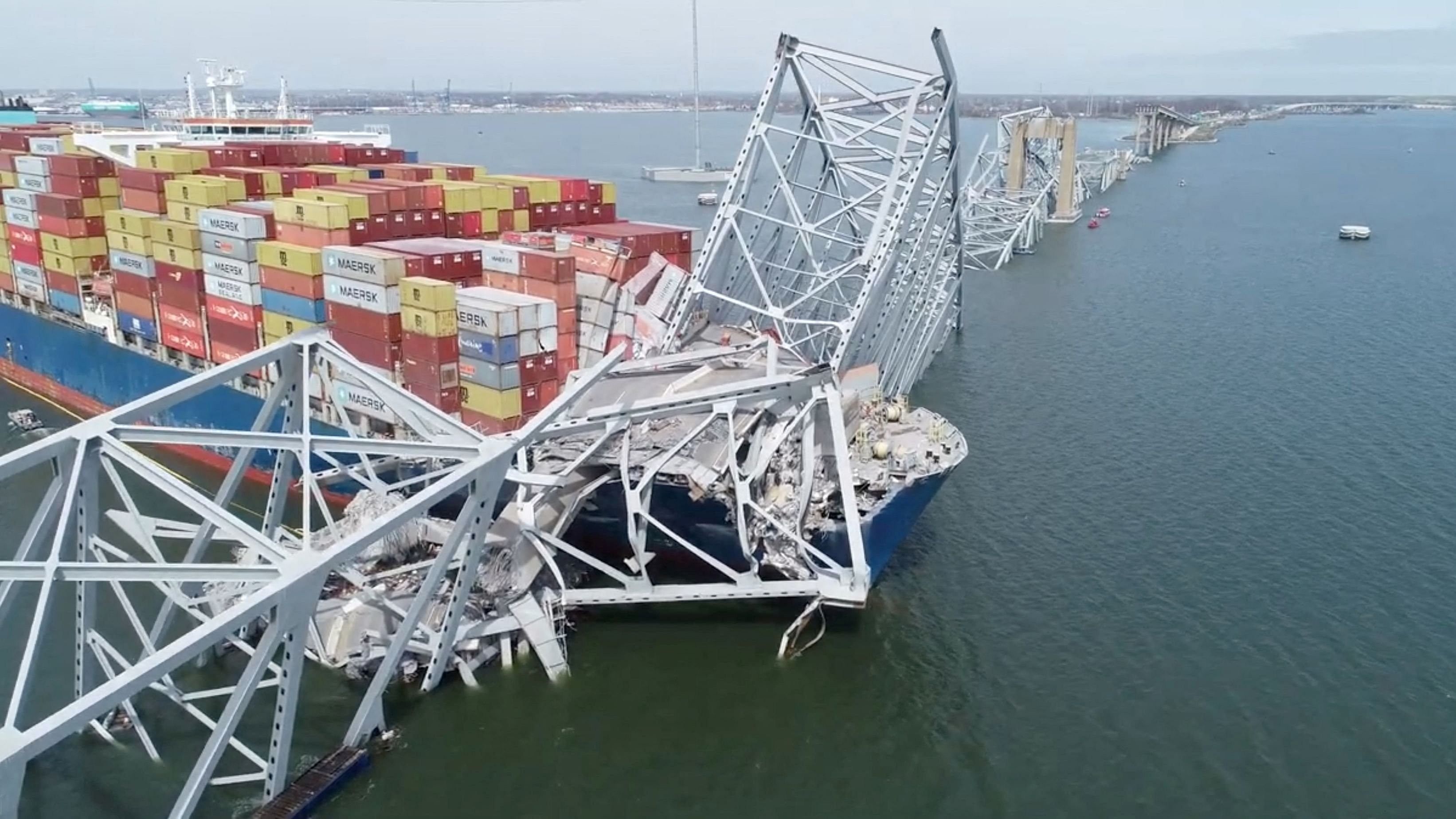 <div class="paragraphs"><p>A drone view of the Dali cargo vessel, which crashed into the Francis Scott Key Bridge causing it to collapse, in Baltimore, Maryland, US.</p></div>