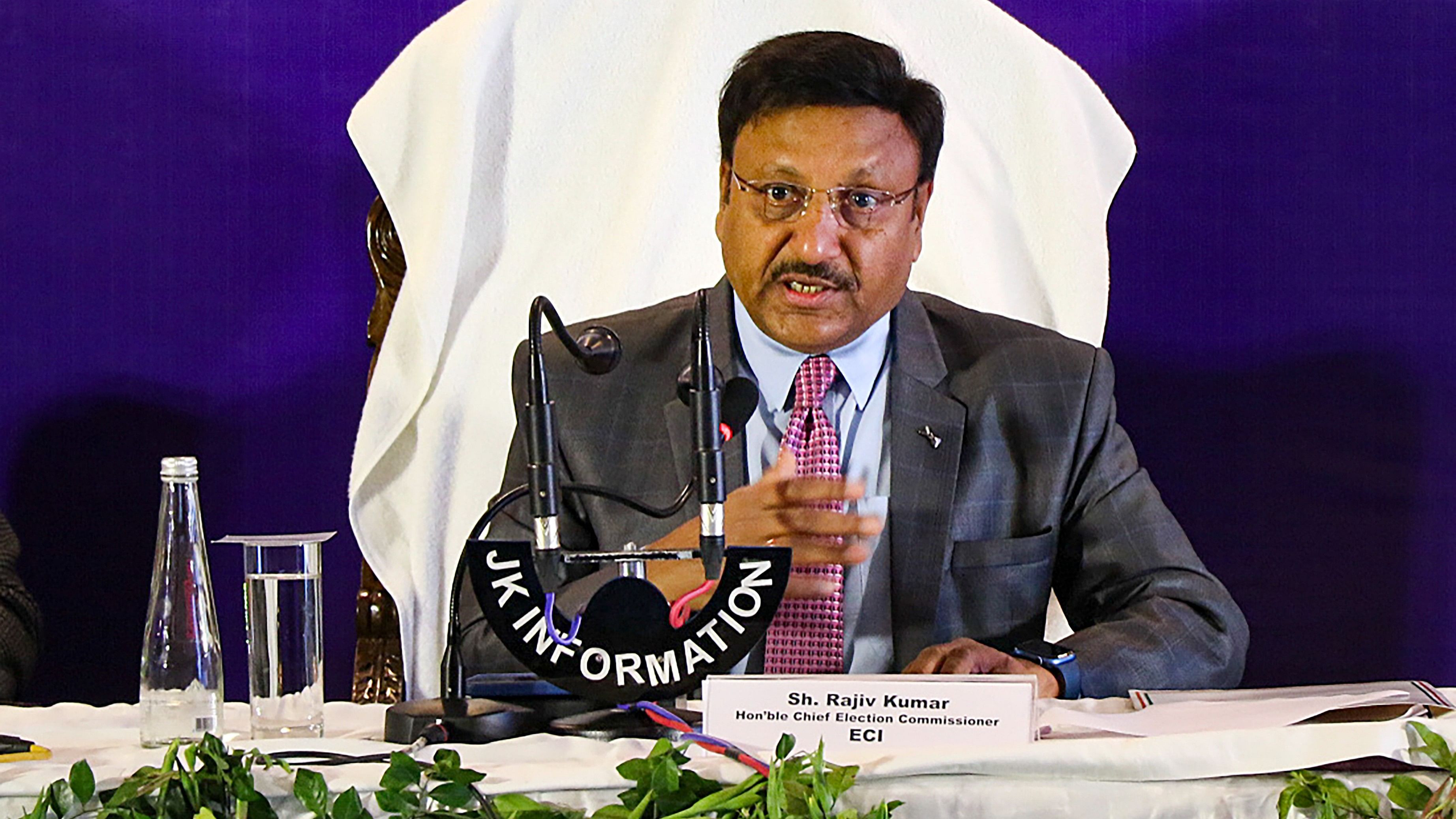 <div class="paragraphs"><p>Chief Election Commissioner Rajiv Kumar addresses a press conference on poll preparedness for the upcoming Lok Sabha election, in Jammu, on Wednesday.</p></div>