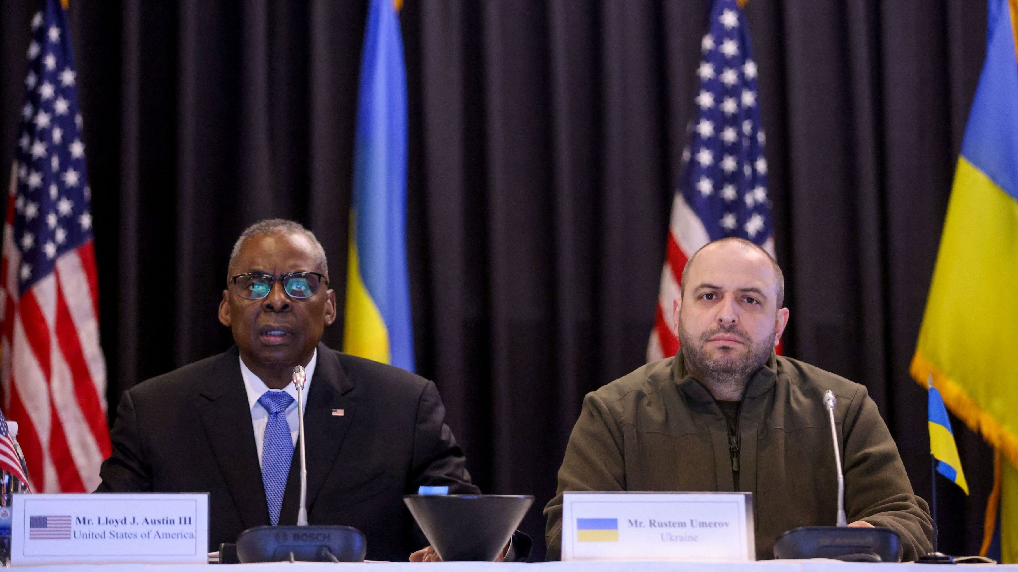 <div class="paragraphs"><p>US Secretary of Defense Lloyd Austin and Ukrainian Defence Minister Rustem Umerov attend a meeting of the Ukraine Defense Contact Group at the American military's Ramstein Air Base, near Ramstein-Miesenbach, Germany, on Tuesday.</p></div>