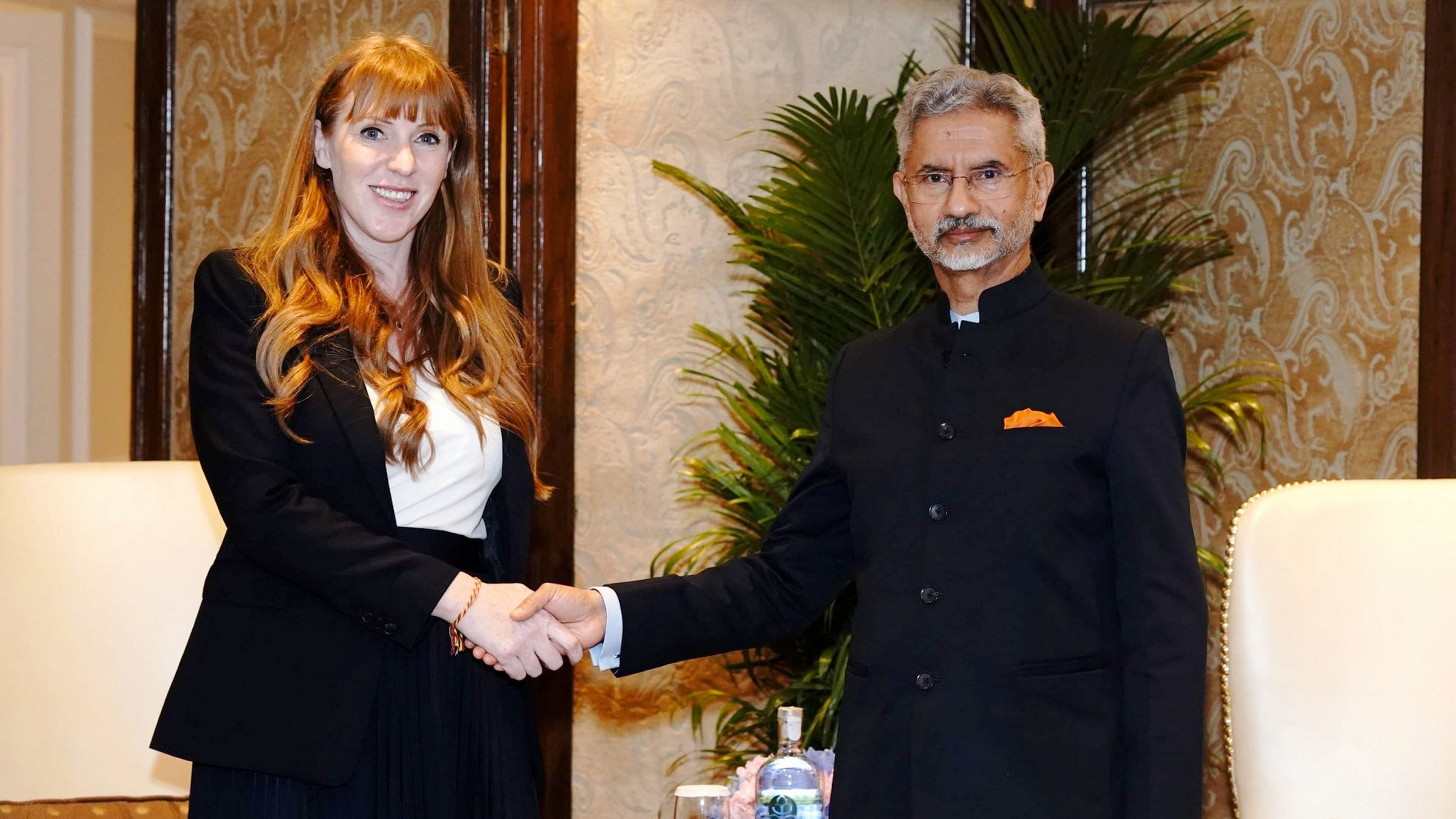 <div class="paragraphs"><p>External Affairs Minister S Jaishankar with UK Shadow Deputy PM Angela Rayner during a meeting on the sidelines of the Raisina Dialogue 2024, in New Delhi.</p></div>