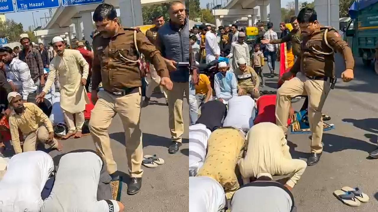 <div class="paragraphs"><p>A police sub-inspector kicks men who were offering namaz on the road in Inderlok area, in New Delhi</p></div>