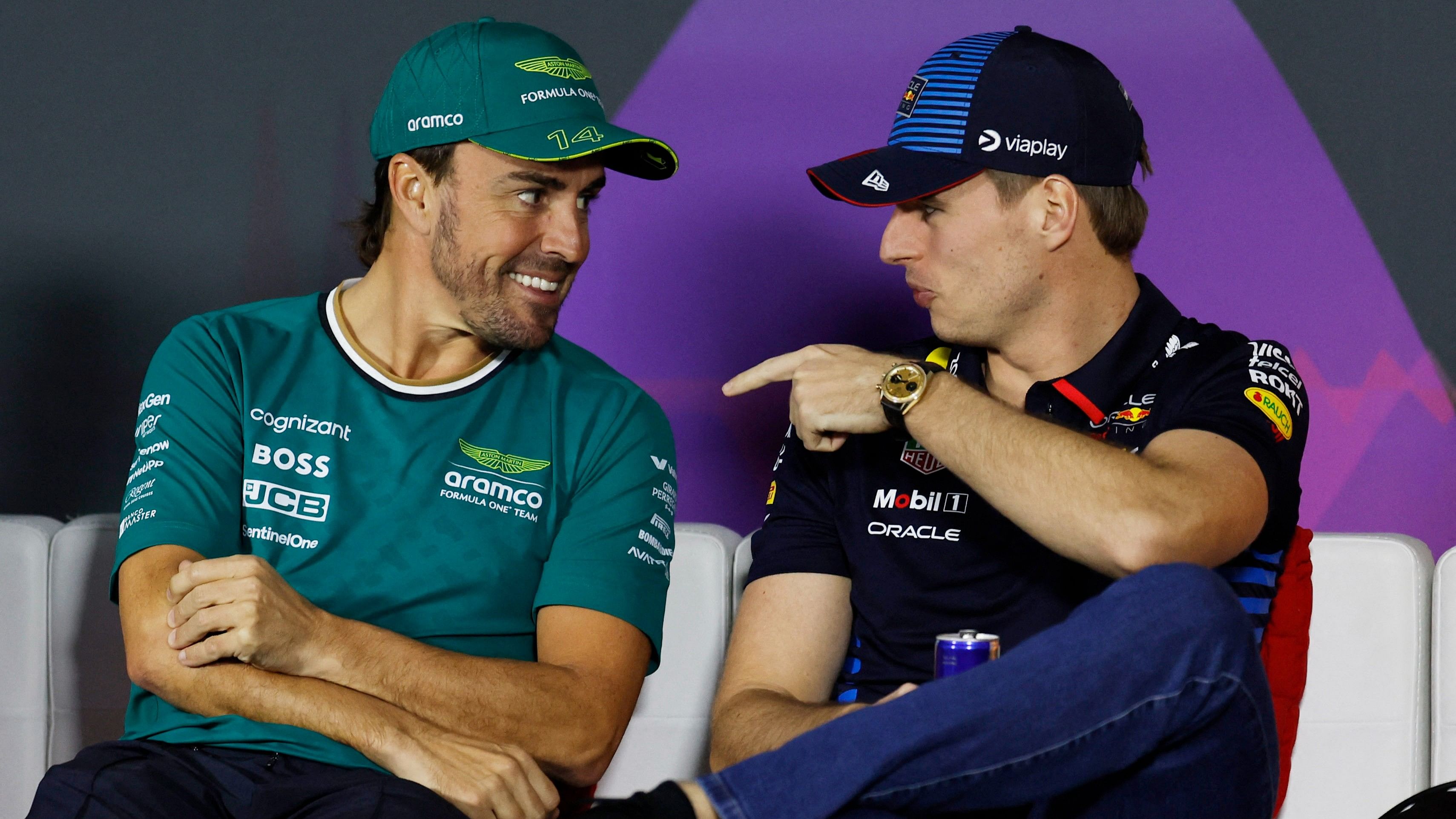 <div class="paragraphs"><p>Aston Martin's Fernando Alonso and Red Bull's Max Verstappen during a press conference ahead of the Bahrain Grand Prix.</p></div>