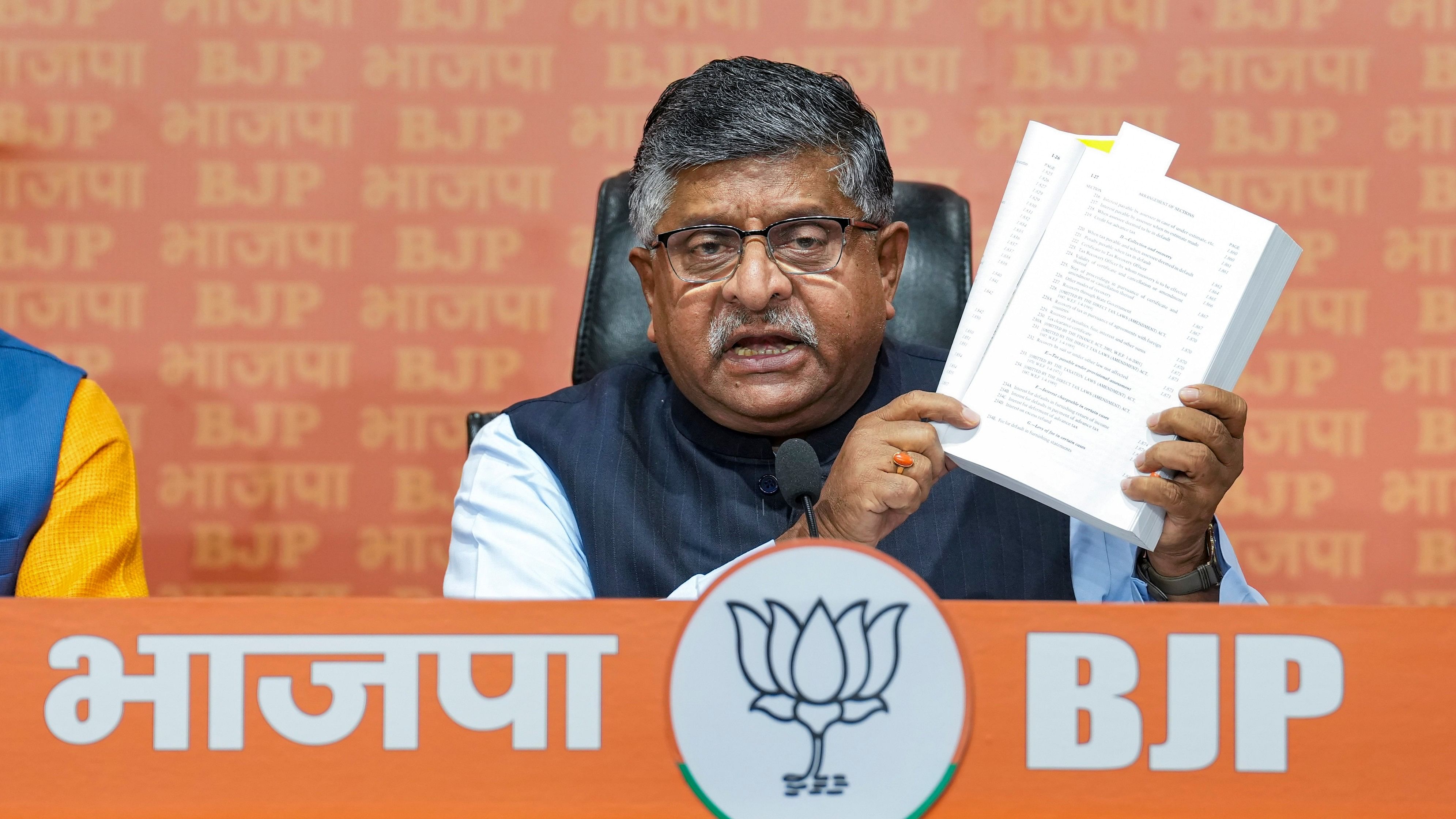 <div class="paragraphs"><p>BJP leader Ravi Shankar Prasad addresses a press conference at party headquarters, in New Delhi, Thursday, March 21, 2024. </p></div>