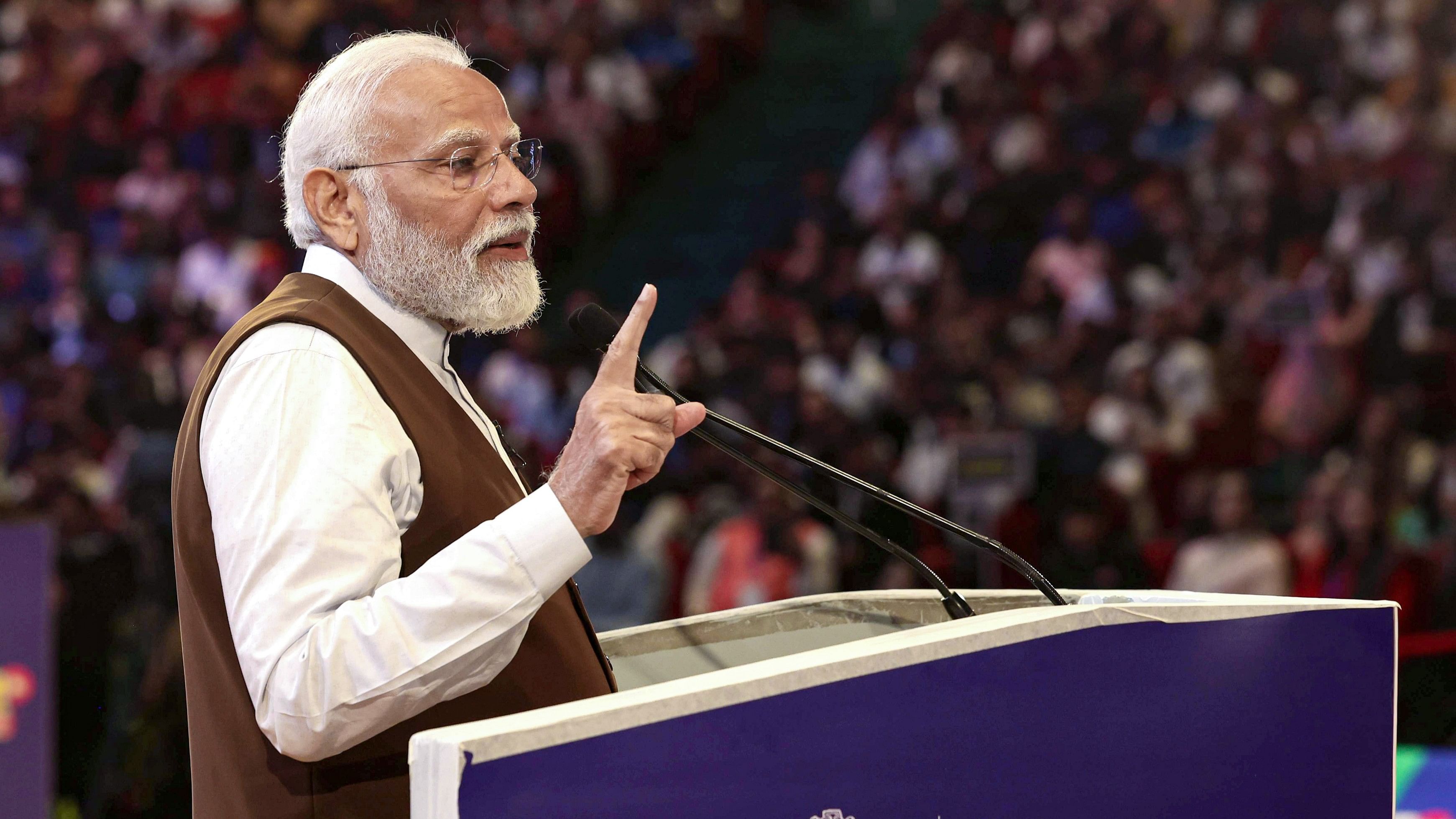 <div class="paragraphs"><p>Prime Minister Narendra Modi addresses the National Creators Awards 2024, at Bharat Mandapam in New Delhi, on Friday</p></div>