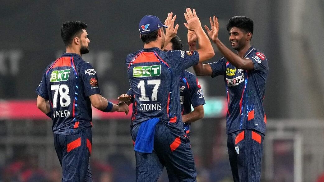 <div class="paragraphs"><p>Lucknow Super Giants' Mayank Yadav celebrates with teammates after taking the wicket of Punjab Kings' Jitesh Sharma during the Indian Premier League (IPL) 2024 T20 cricket match between Lucknow Super Giants and Punjab Kings, at the Bharat Ratna Shri Atal Bihari Vajpayee Ekana Stadium, in Lucknow.</p></div>