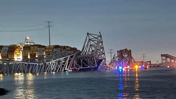 <div class="paragraphs"><p>A view of the Singapore-flagged container ship 'Dali' after it collided with a pillar of the Francis Scott Key Bridge in Baltimore, Maryland, U.S., in this picture released on March 26, 2024.   </p></div>