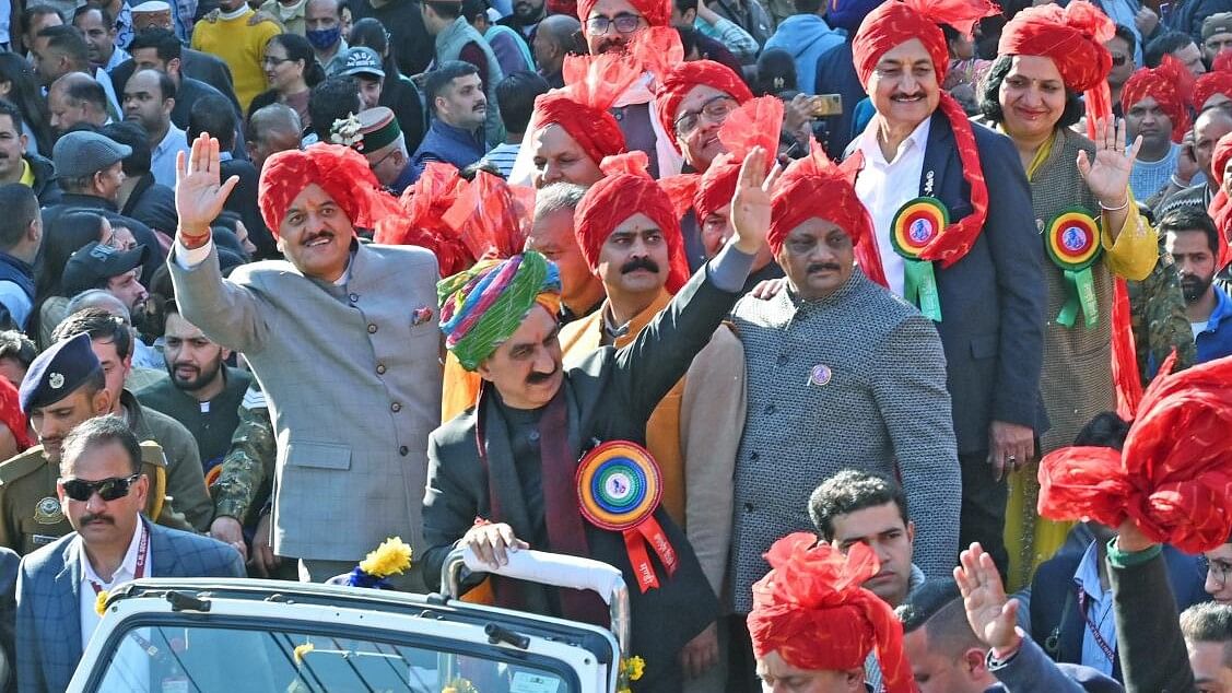 <div class="paragraphs"><p>Himachal CM Sukhwinder Singh Sukhu waves at the public at a rally in Mandi.&nbsp;</p></div>