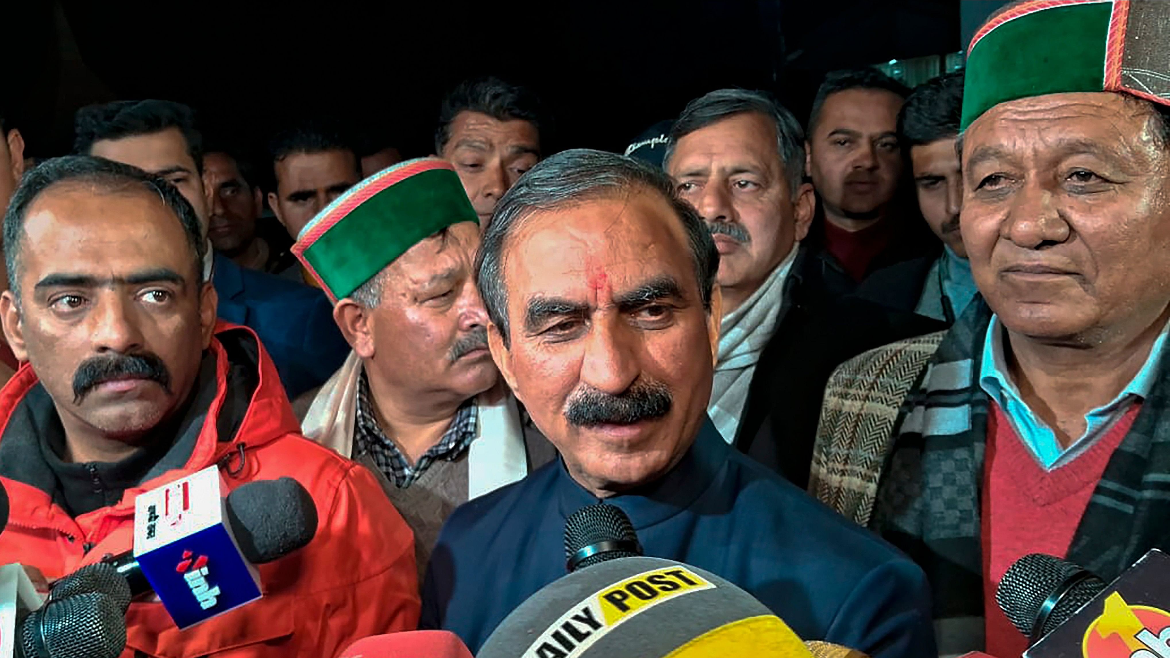 <div class="paragraphs"><p>Himachal Pradesh Chief Minister Sukhvinder Singh Sukhu addresses the media after a meeting with Himachal Pradesh Assembly Speaker Kuldeep Singh Pathania at the Vidhan Sabha, in Shimla, Friday, March. 1, 2024. </p></div>