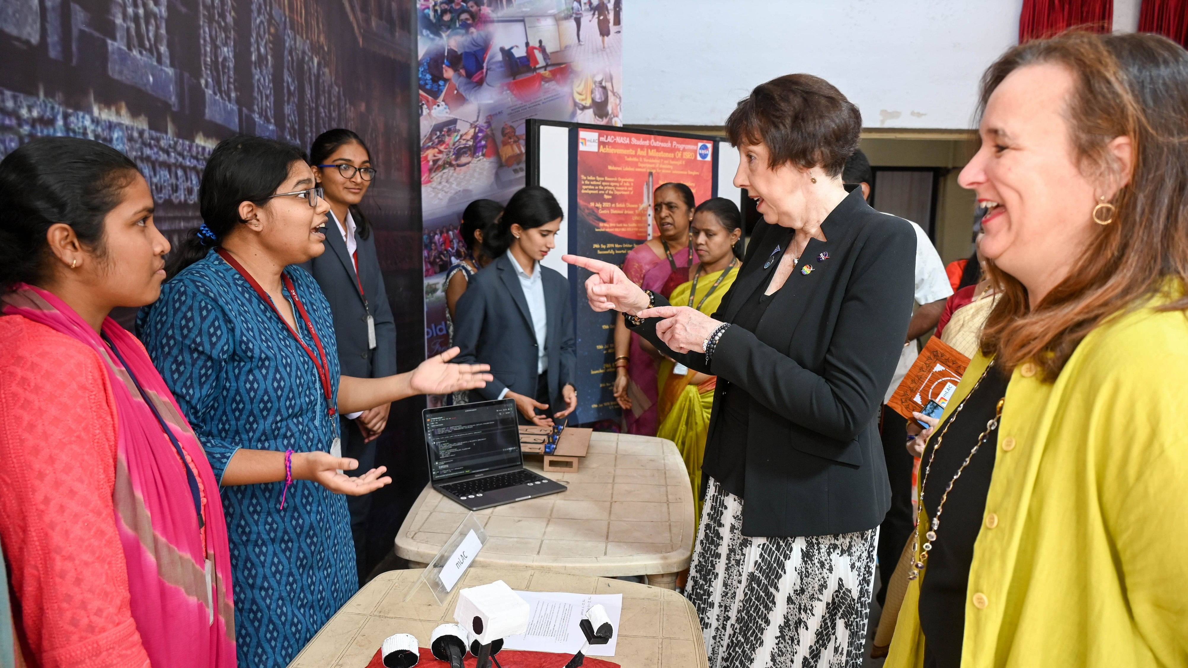 <div class="paragraphs"><p>Nicola Fox and Karen M St. Germain, from NASA, interact with students of&nbsp;Maharani Lakshmi Ammanni College on Tuesday. </p></div>