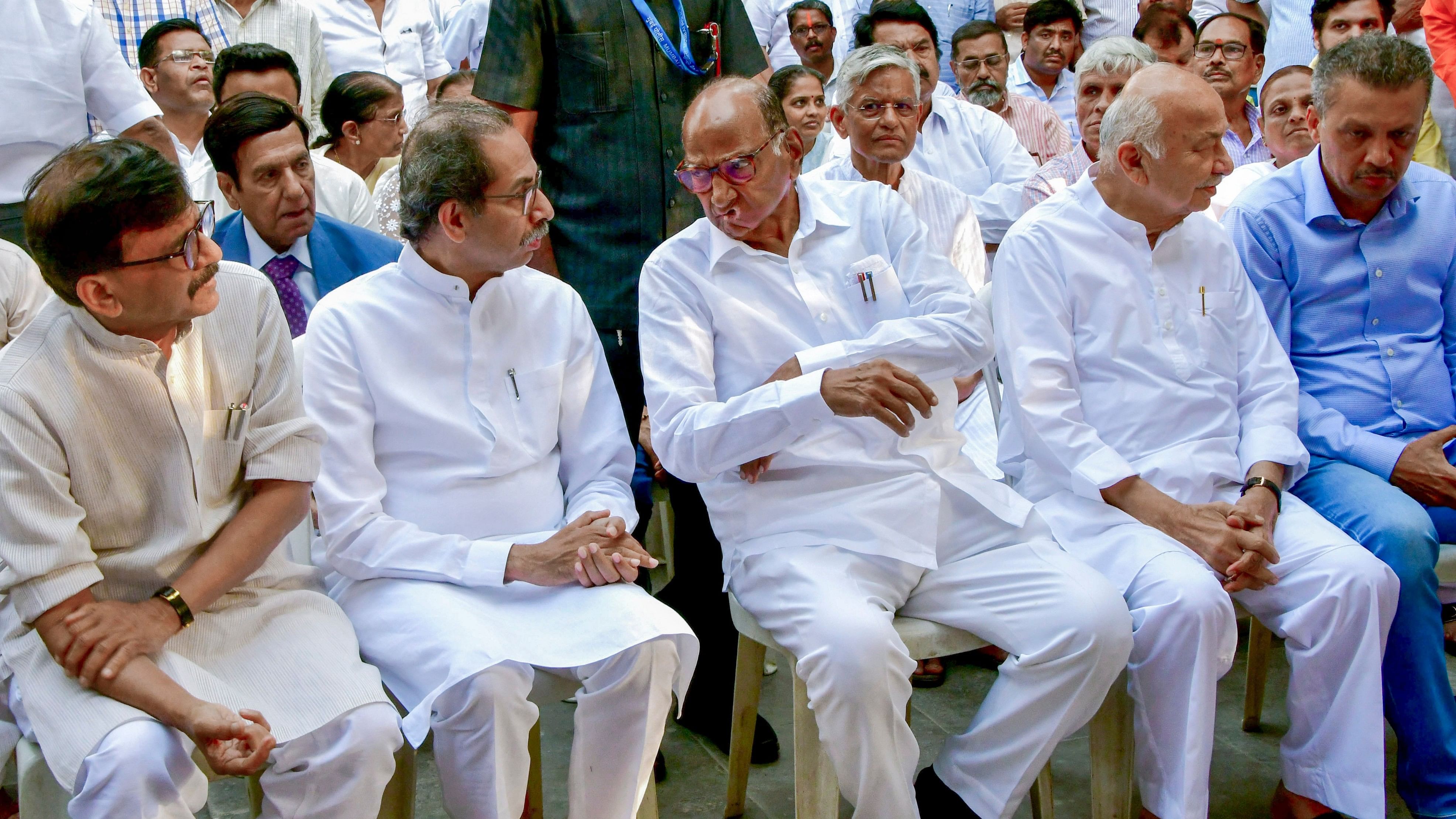 <div class="paragraphs"><p>A file photo of former chief minister and Shiv Sena(UBT) chief Uddhav Thackeray, NCP chief Sharad Pawar, Congress leader Sushil Kumar Shinde, Shiv Sena (UBT) Rajya Sabha MP Sanjay Raut.</p></div>