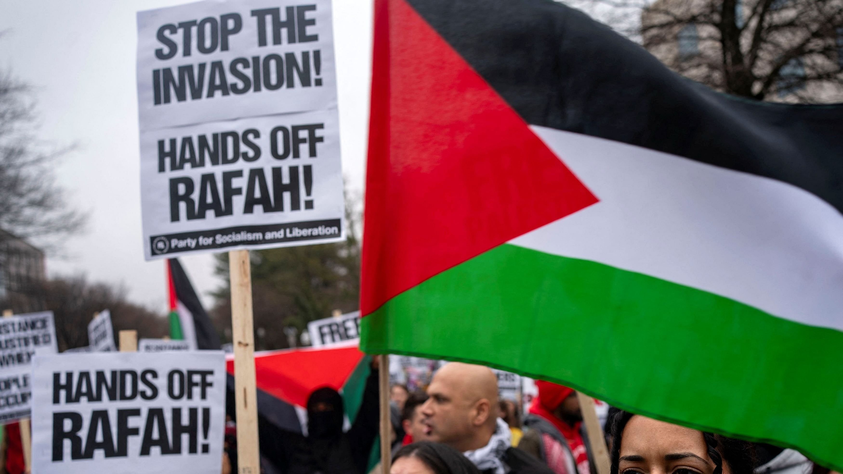 <div class="paragraphs"><p>Pro-Palestinian demonstrators rally outside the Israeli embassy to call for a ceasefire in Gaza, amid the ongoing conflict between Israel and the Palestinian Islamist group Hamas, during a protest in Washington, US, March 2, 2024. </p></div>