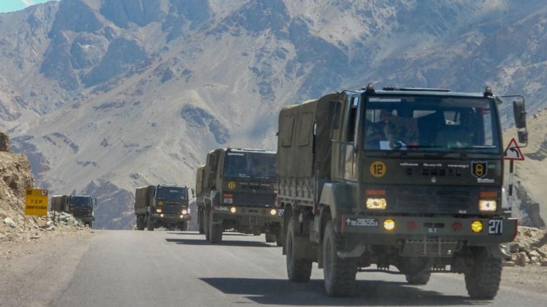 <div class="paragraphs"><p>Army trucks move towards LAC eastern Ladakh, during the prolonged India-China stand off, in Leh, Saturday, Sept. 12, 2020. </p></div>