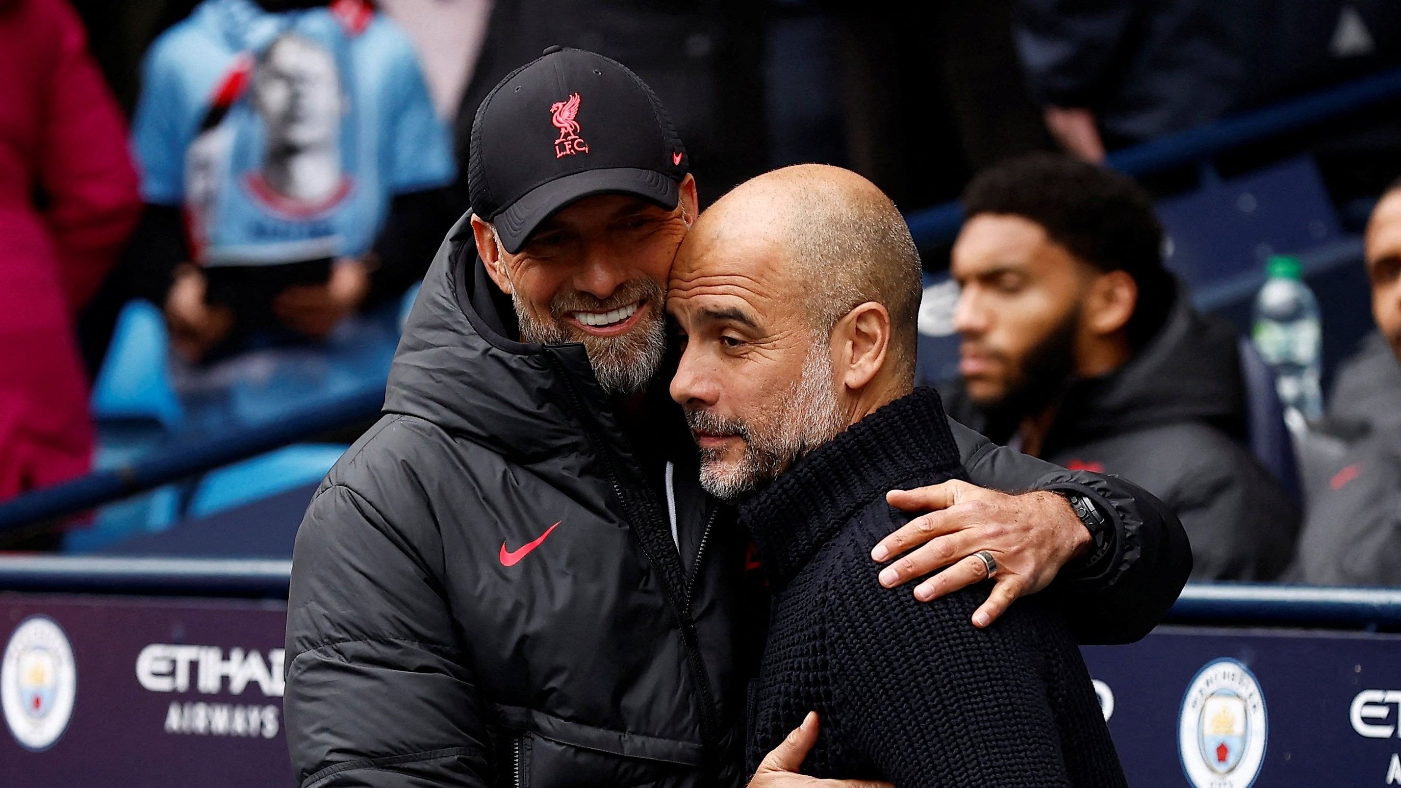 <div class="paragraphs"><p>  Manchester City manager Pep Guardiola with Liverpool manager Juergen Klopp.</p></div>